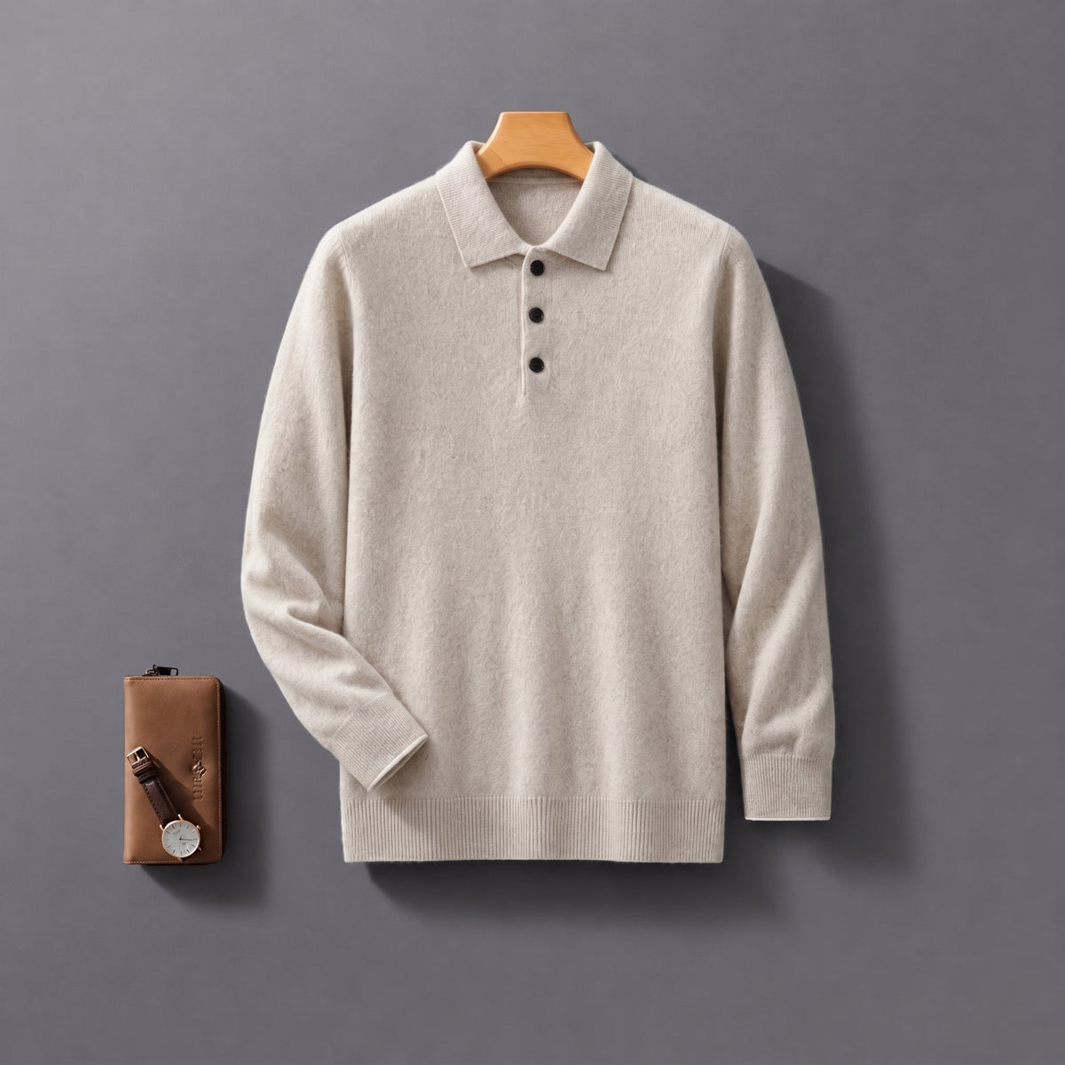 James - Men's Knitted Polo Shirt with Button Placket - Polos - Beige - Davies & Cooper