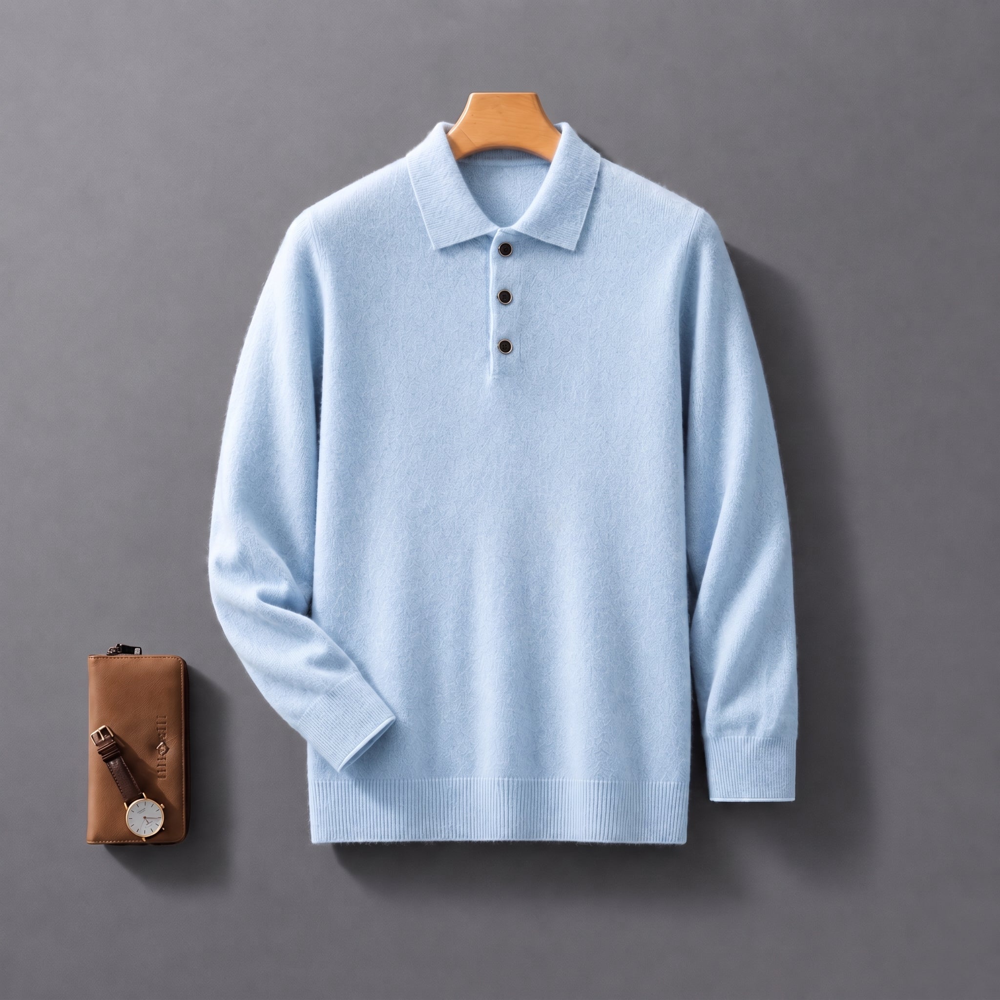 James - Men's Knitted Polo Shirt with Button Placket - Polos - Sky Blue - Davies & Cooper