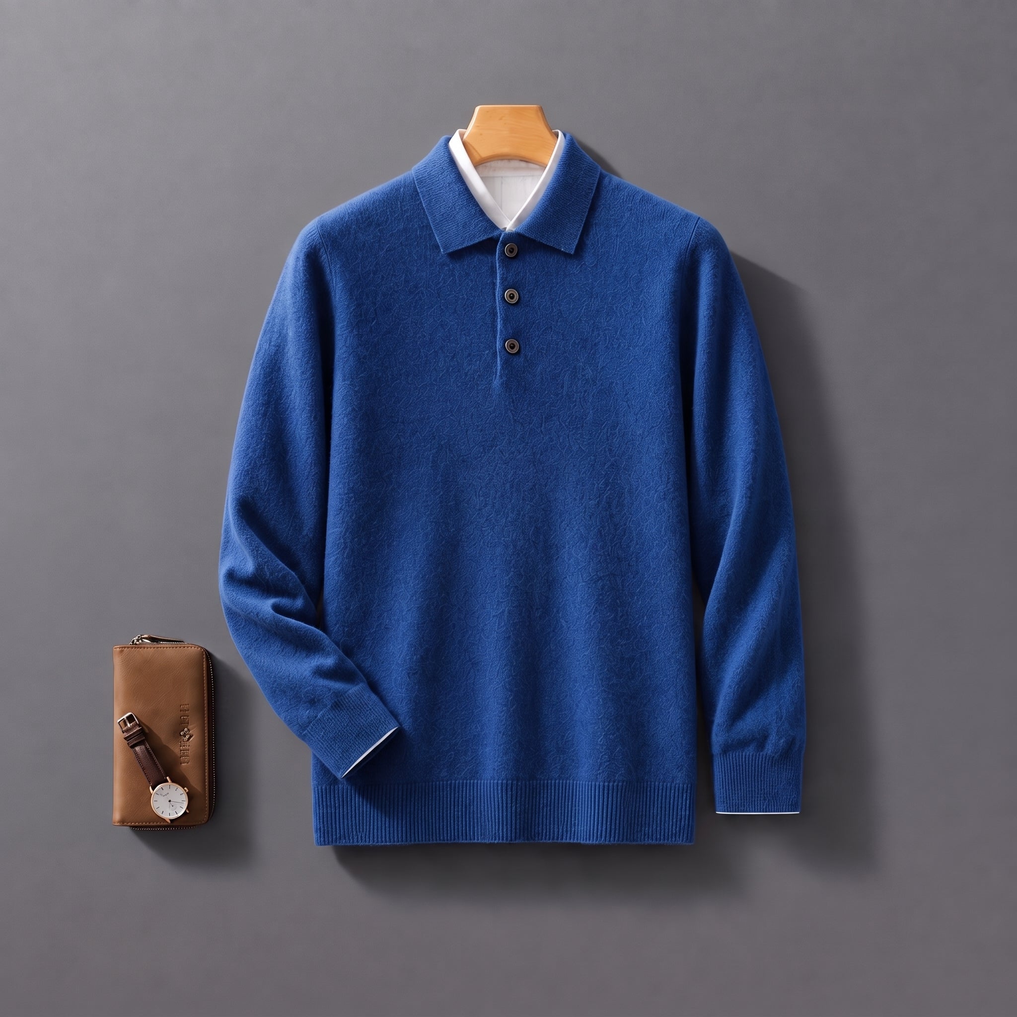 James - Men's Knitted Polo Shirt with Button Placket - Polos - Blue - Davies & Cooper