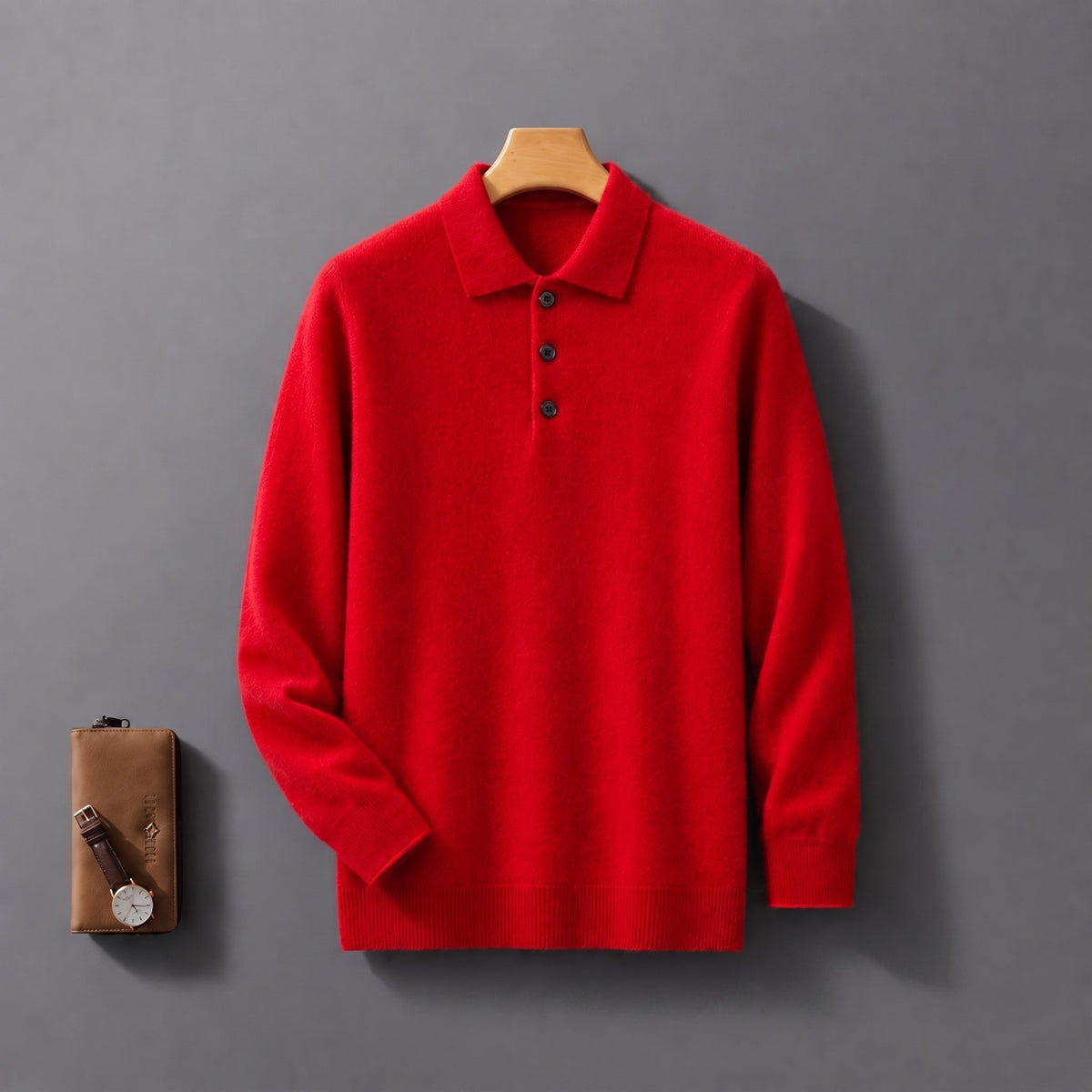 James - Men's Knitted Polo Shirt with Button Placket - Polos - Red - Davies & Cooper