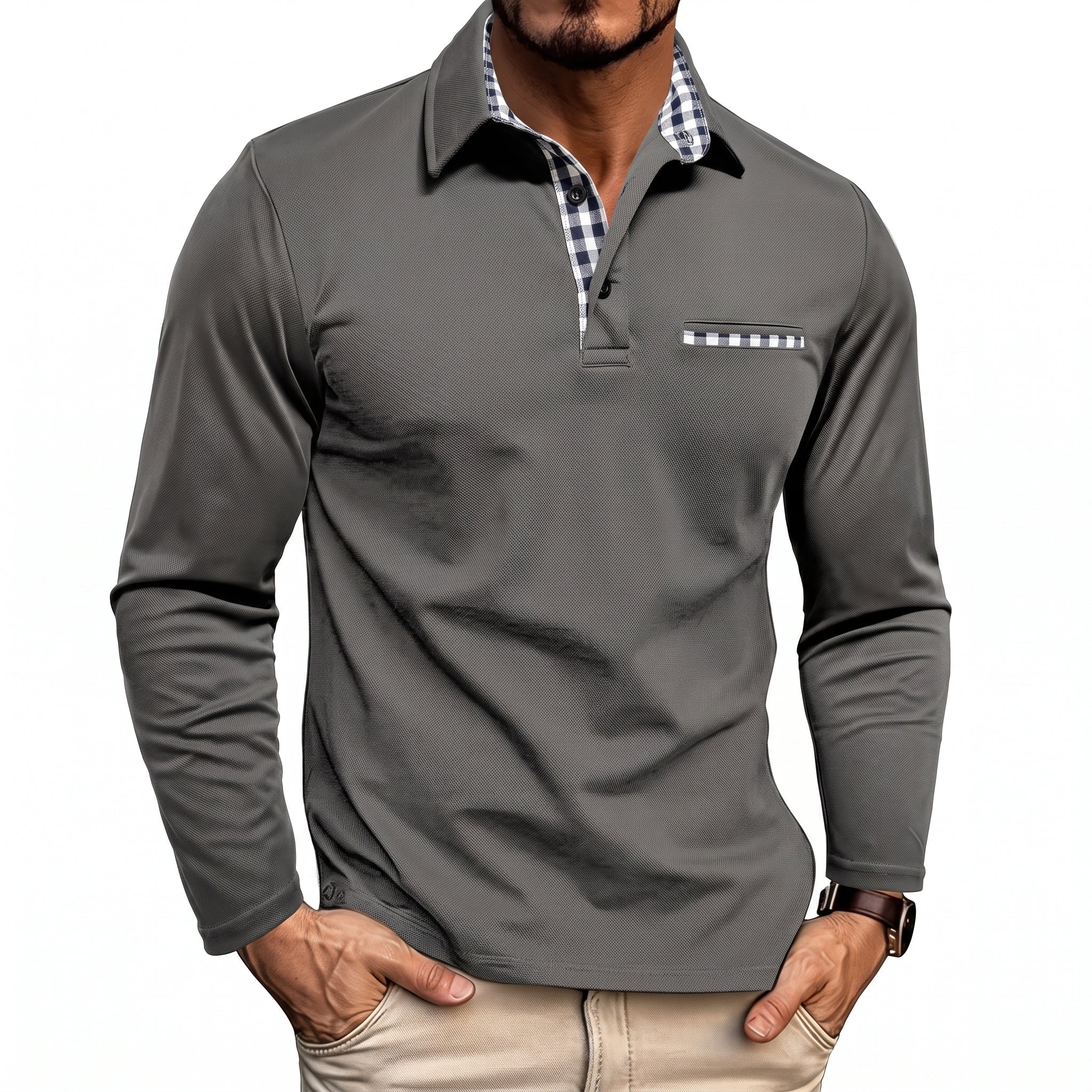 James - Men's Long Sleeve Check Collar Polo Shirt - Polos - Grey - Davies & Cooper