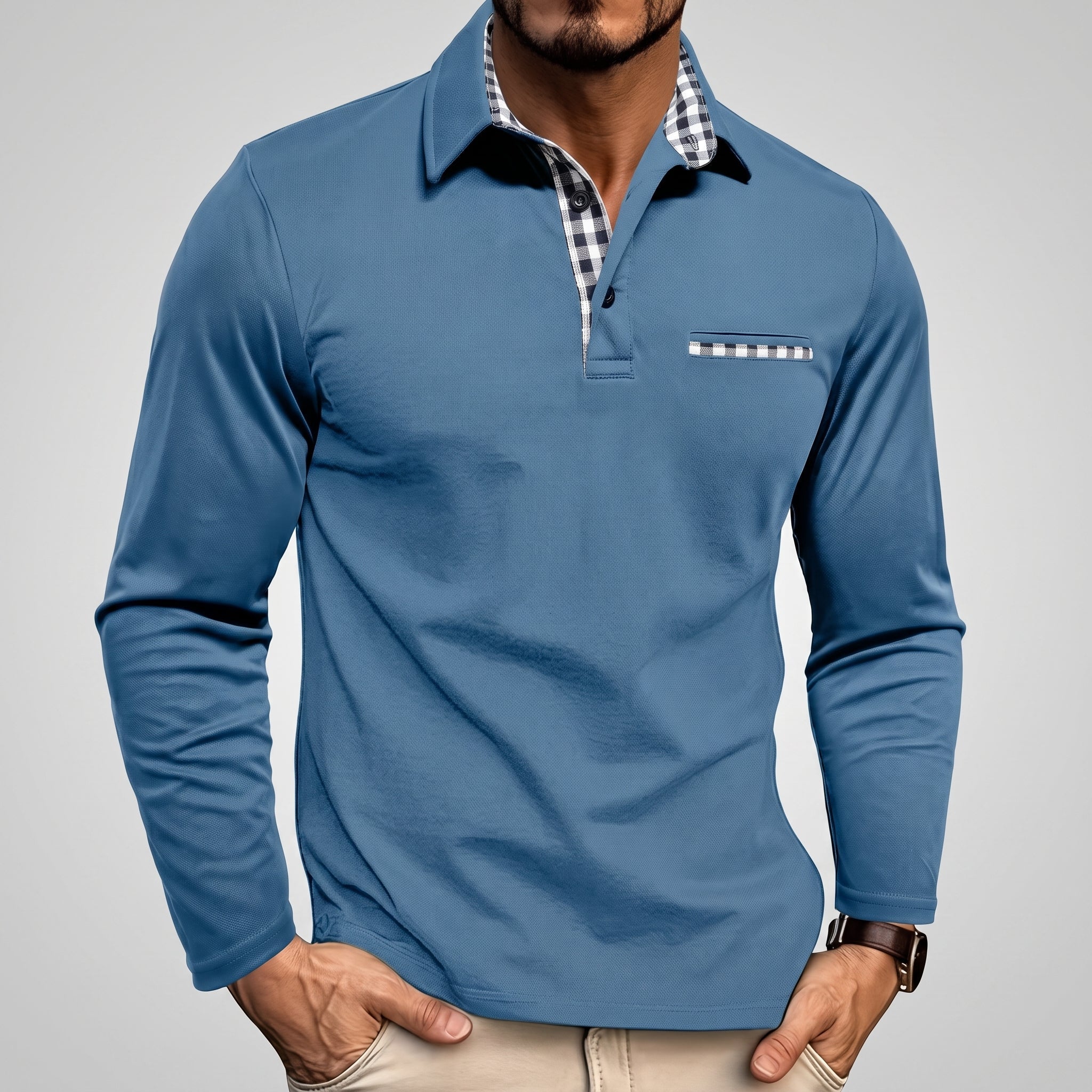 James - Men's Long Sleeve Check Collar Polo Shirt - Polos - Light Blue - Davies & Cooper