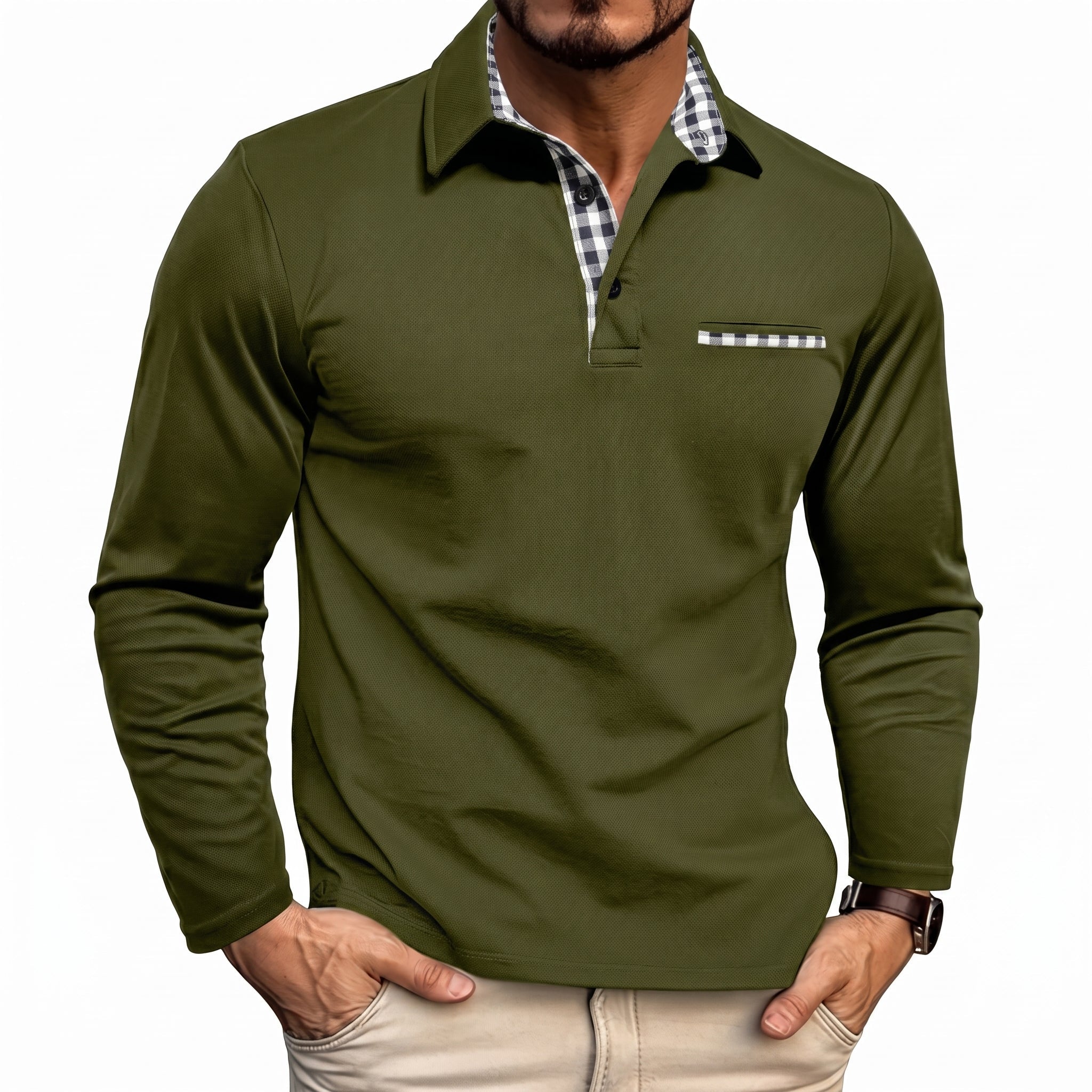 James - Men's Long Sleeve Check Collar Polo Shirt - Polos - Green - Davies & Cooper