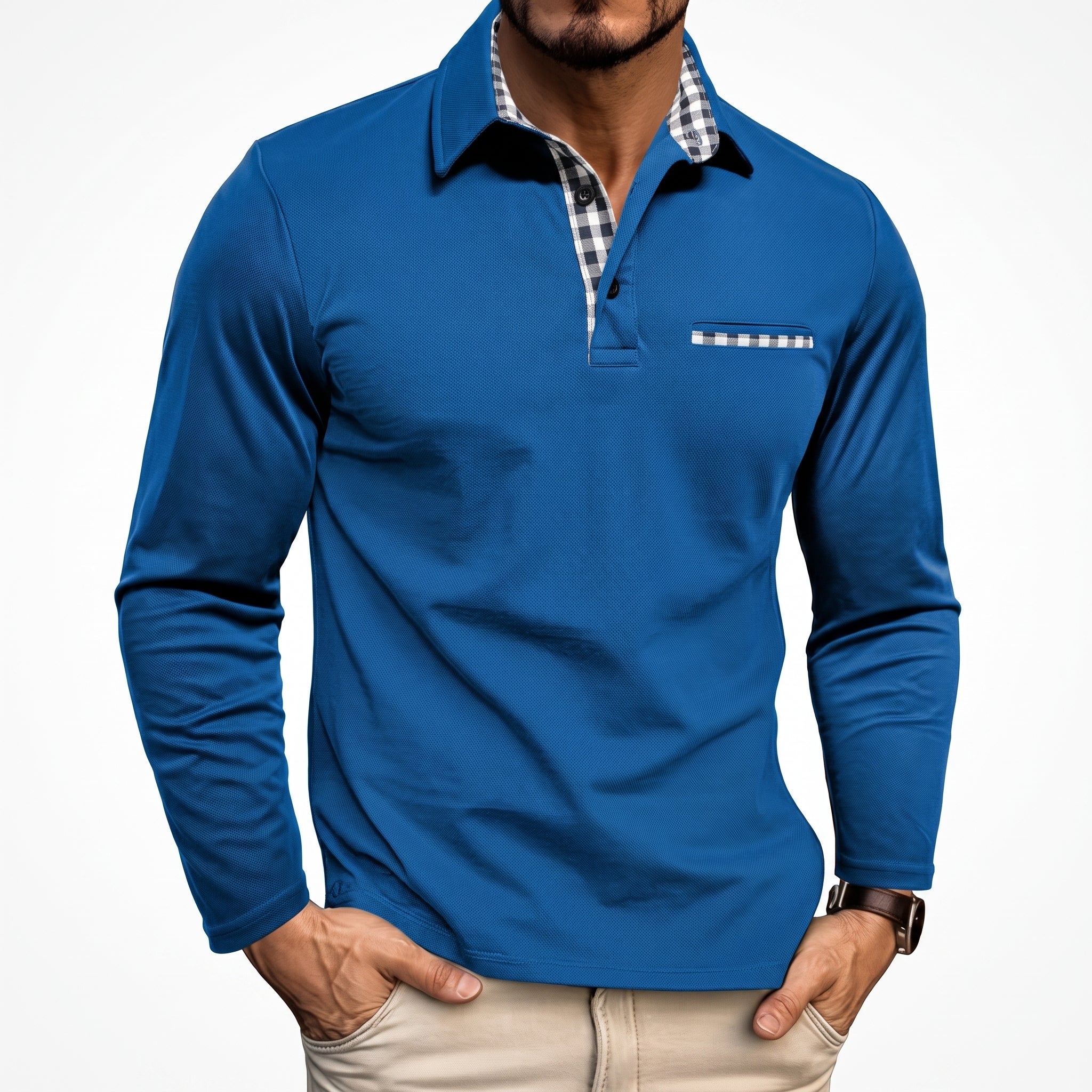 James - Men's Long Sleeve Check Collar Polo Shirt - Polos - Blue - Davies & Cooper