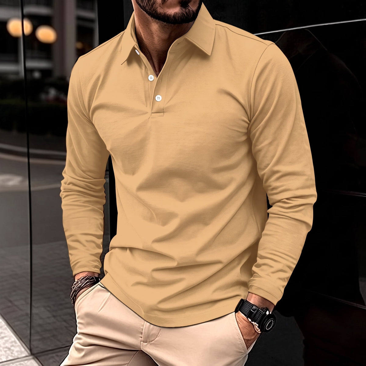 James - Men's Long Sleeve Slim Fit Polo Shirt with Collared Button Placket - Polos - Khaki - Davies & Cooper