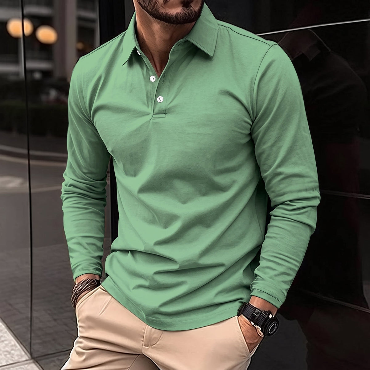 James - Men's Long Sleeve Slim Fit Polo Shirt with Collared Button Placket - Polos - Green - Davies & Cooper