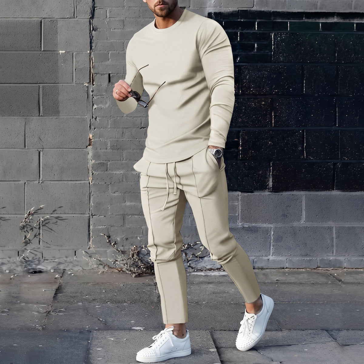 James - Men's Long Sleeve Two-Piece Tracksuit Set - Outfit Sets - Beige - Davies & Cooper