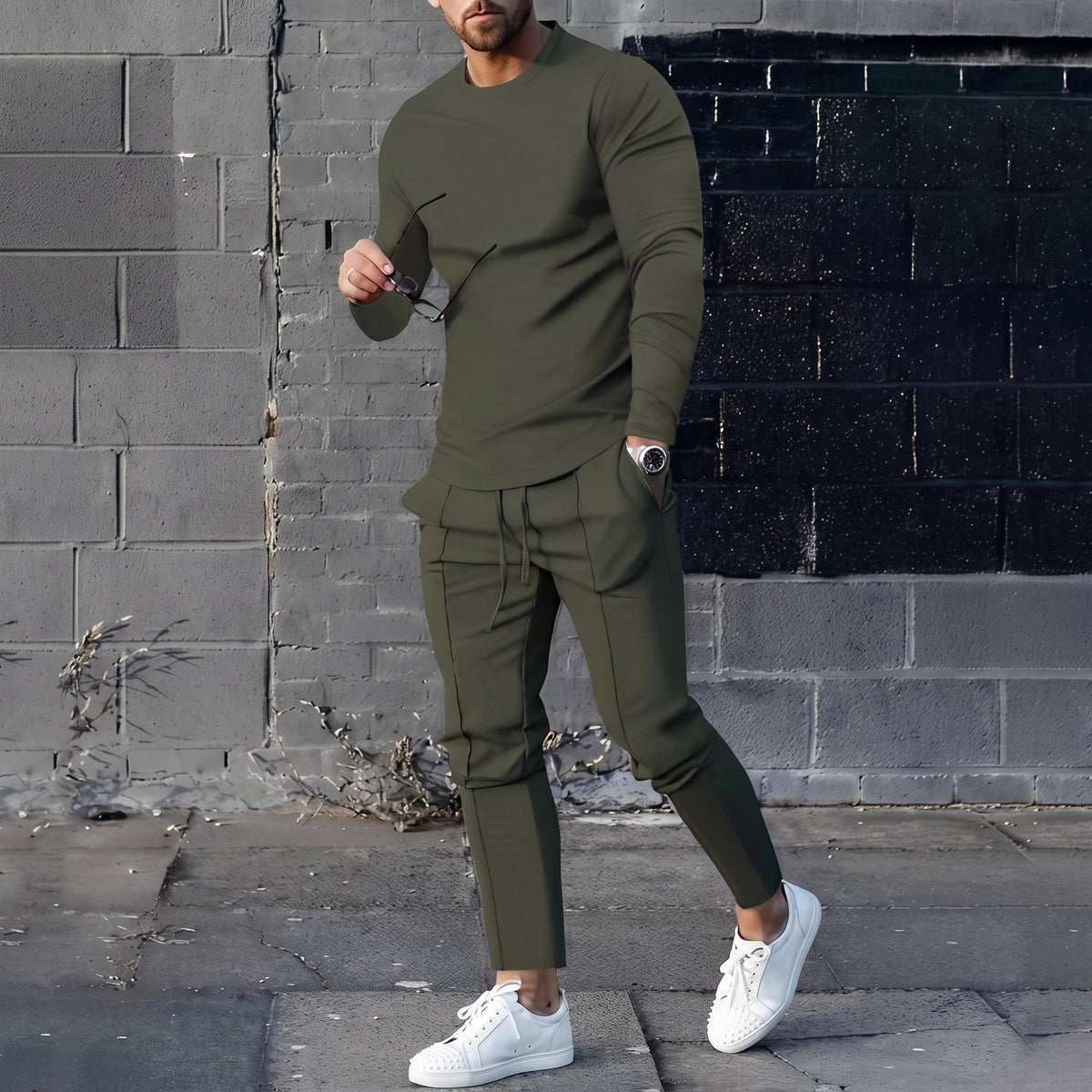 James - Men's Long Sleeve Two-Piece Tracksuit Set - Outfit Sets - Dark Green - Davies & Cooper