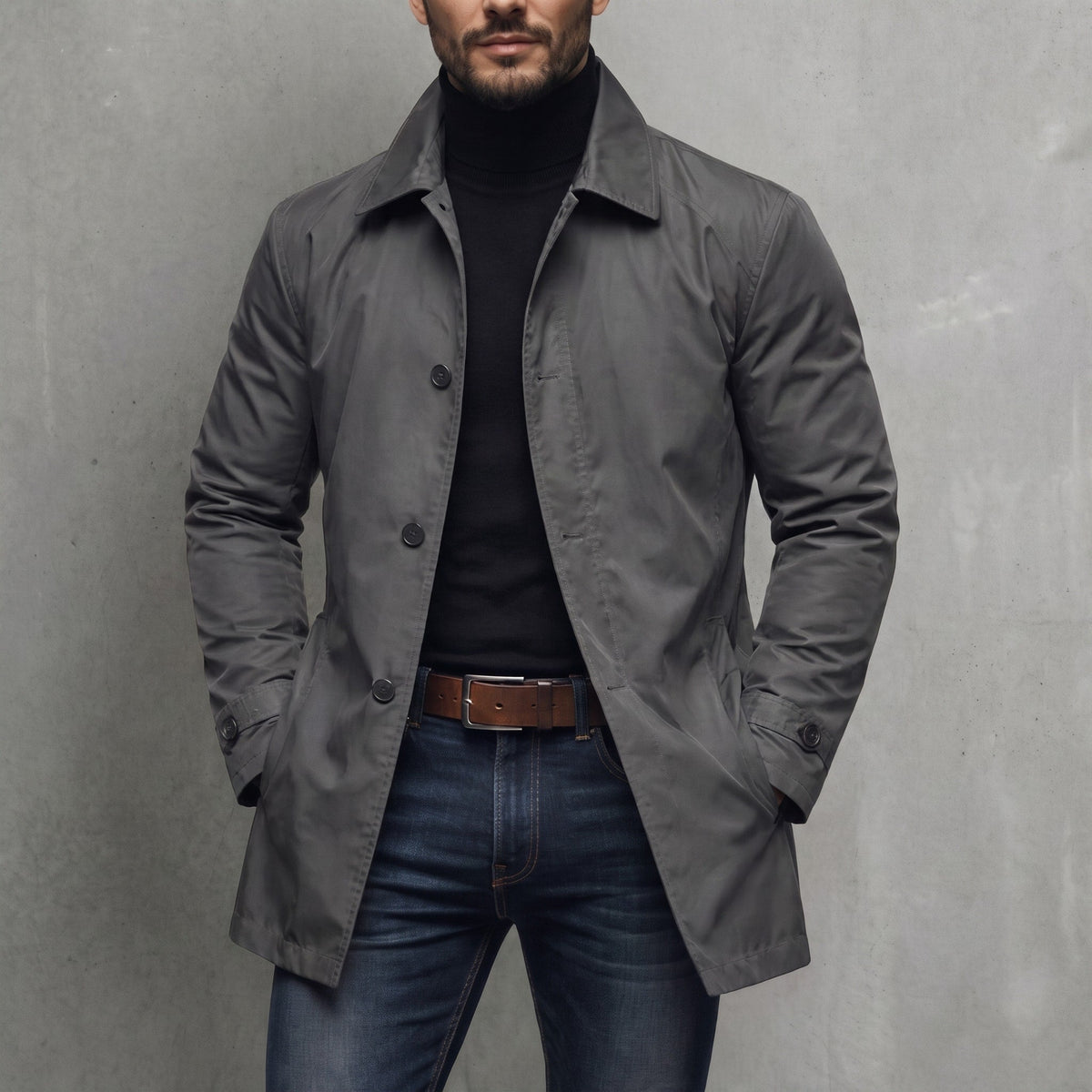 James - Men's Longline Mac Coat with Point Collar and Button Front - Coats & Jackets - Grey - Davies & Cooper