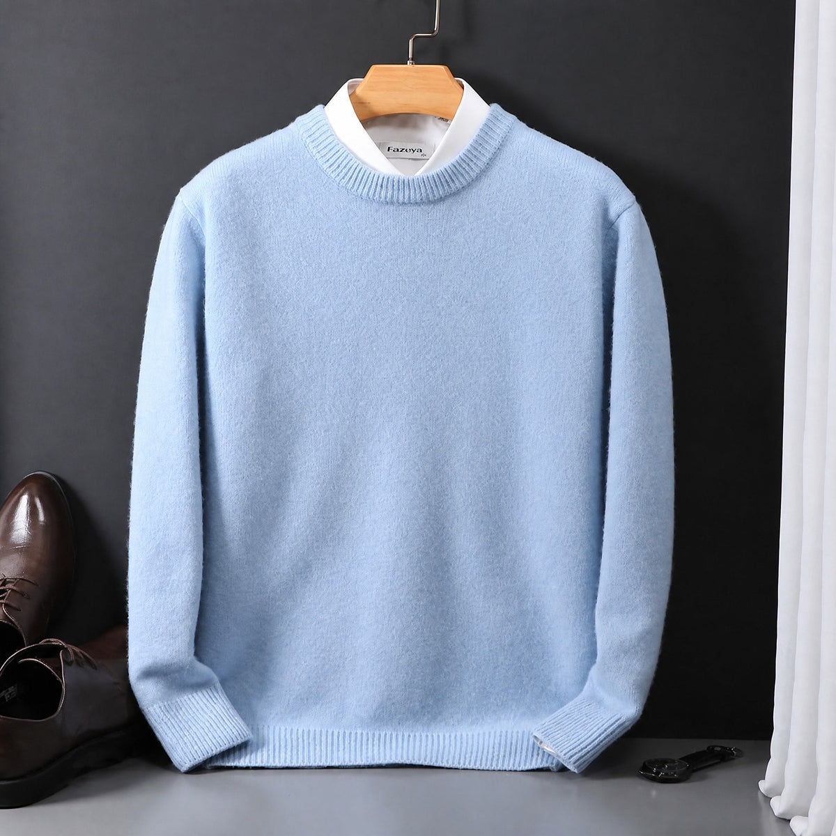 James - Men's Mock Neck Layered Collar Knit Jumper - Sweaters - Light Blue - Davies & Cooper