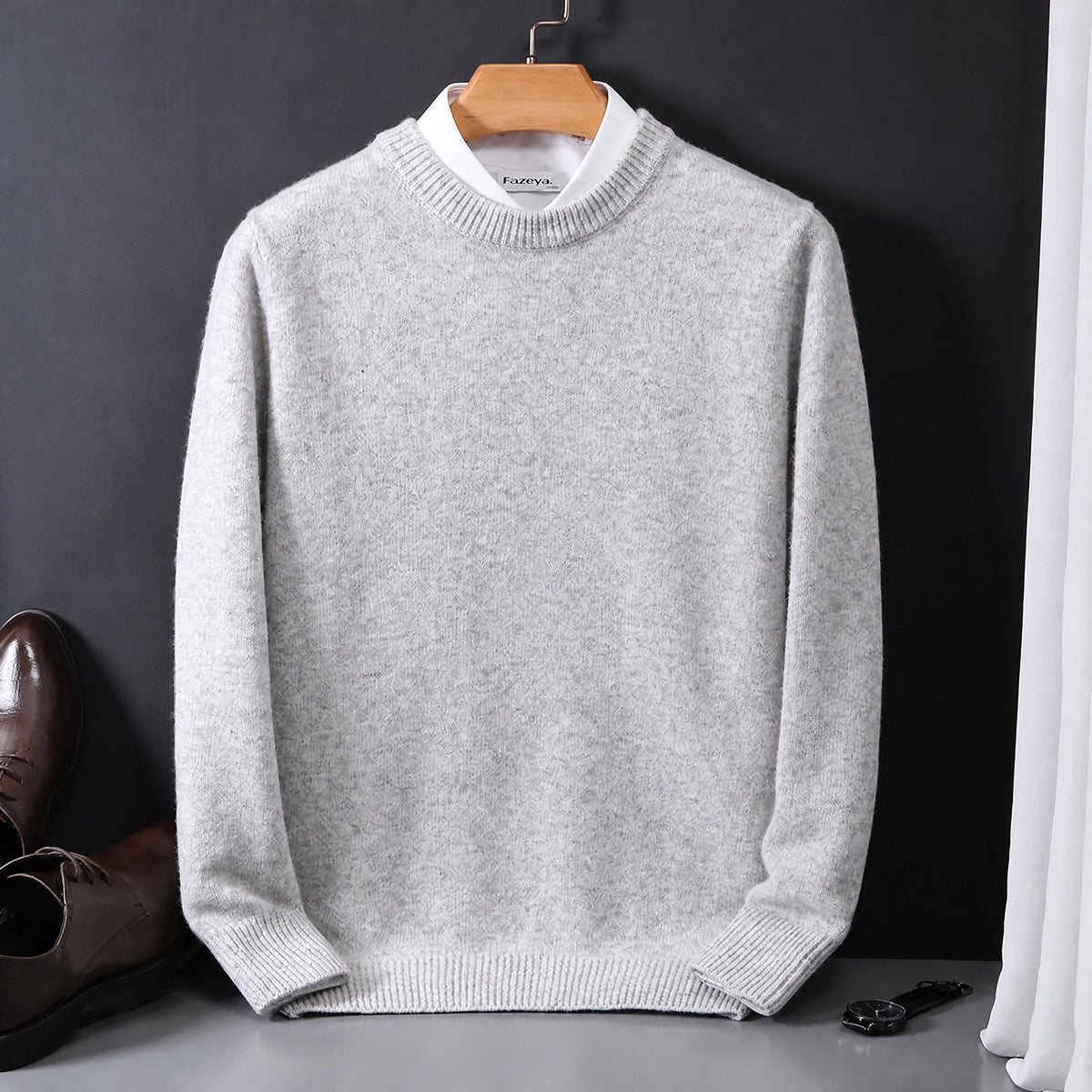 James - Men's Mock Neck Layered Collar Knit Jumper - Sweaters - Grey - Davies & Cooper