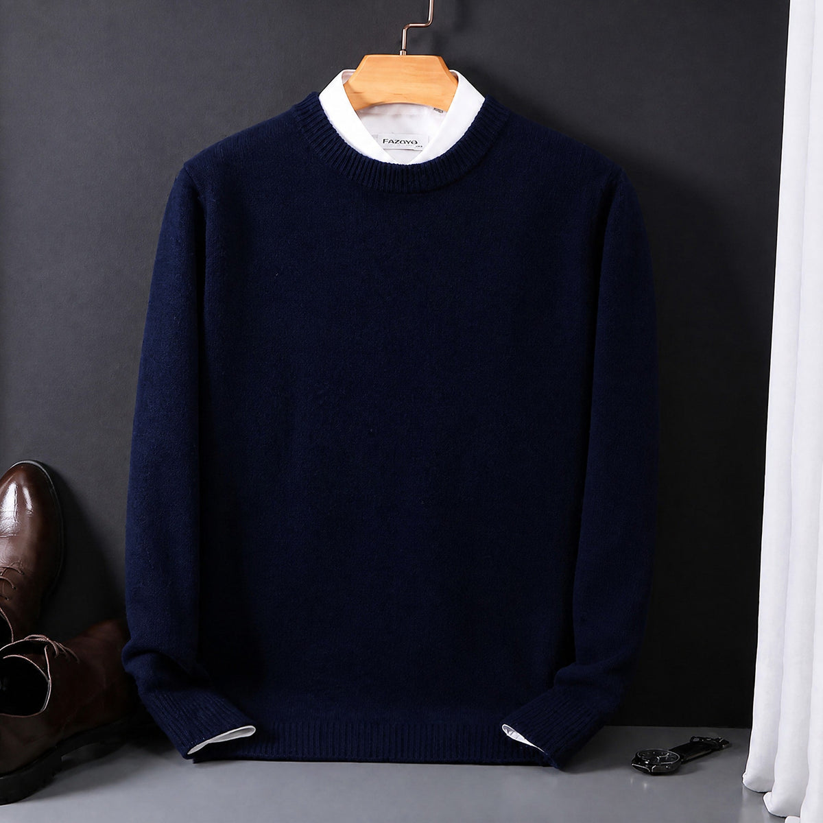 James - Men's Mock Neck Layered Collar Knit Jumper - Sweaters - Navy Blue - Davies & Cooper