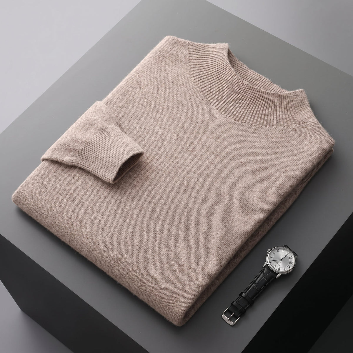 James - Men's Mock Neck Wool Jumper with Ribbed Cuffs - Sweaters - Camel - Davies & Cooper