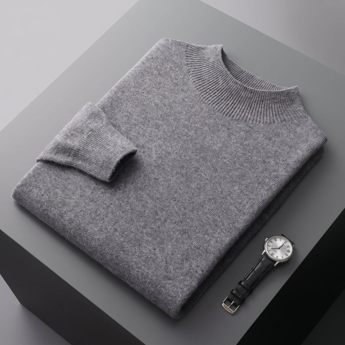 James - Men's Mock Neck Wool Jumper with Ribbed Cuffs - Sweaters - Dark Grey - Davies & Cooper