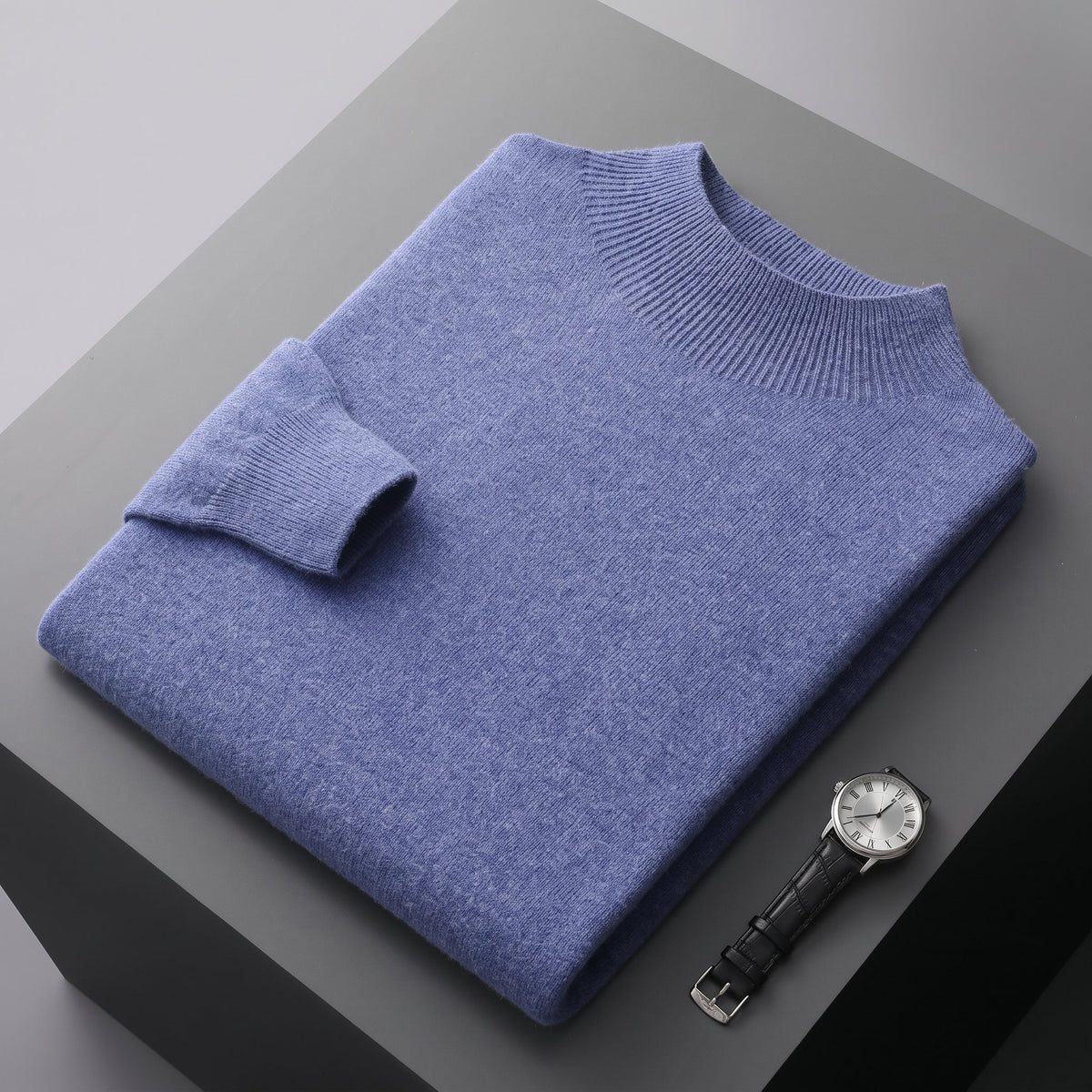 James - Men's Mock Neck Wool Jumper with Ribbed Cuffs - Sweaters - Blue - Davies & Cooper