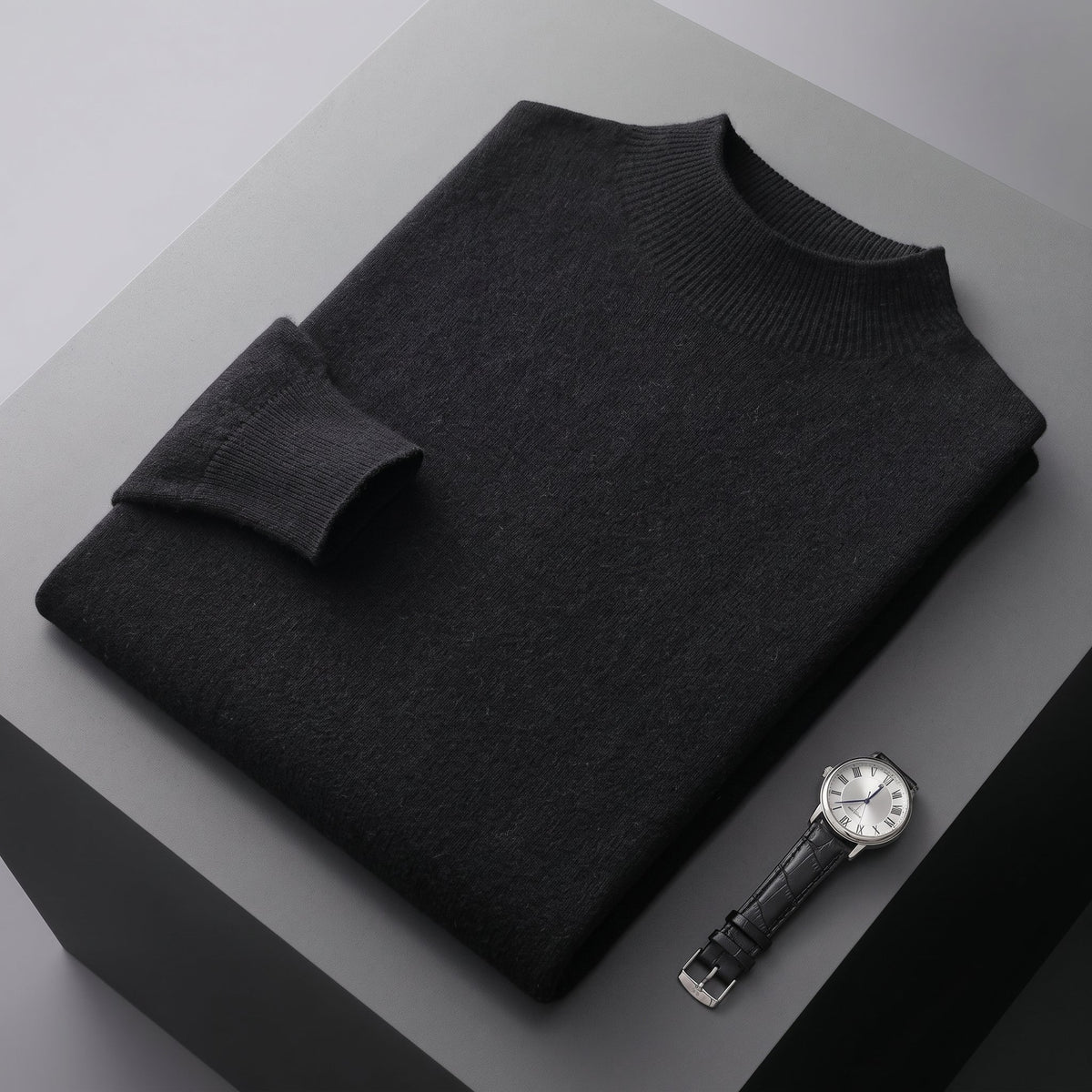 James - Men's Mock Neck Wool Jumper with Ribbed Cuffs - Sweaters - Black - Davies & Cooper