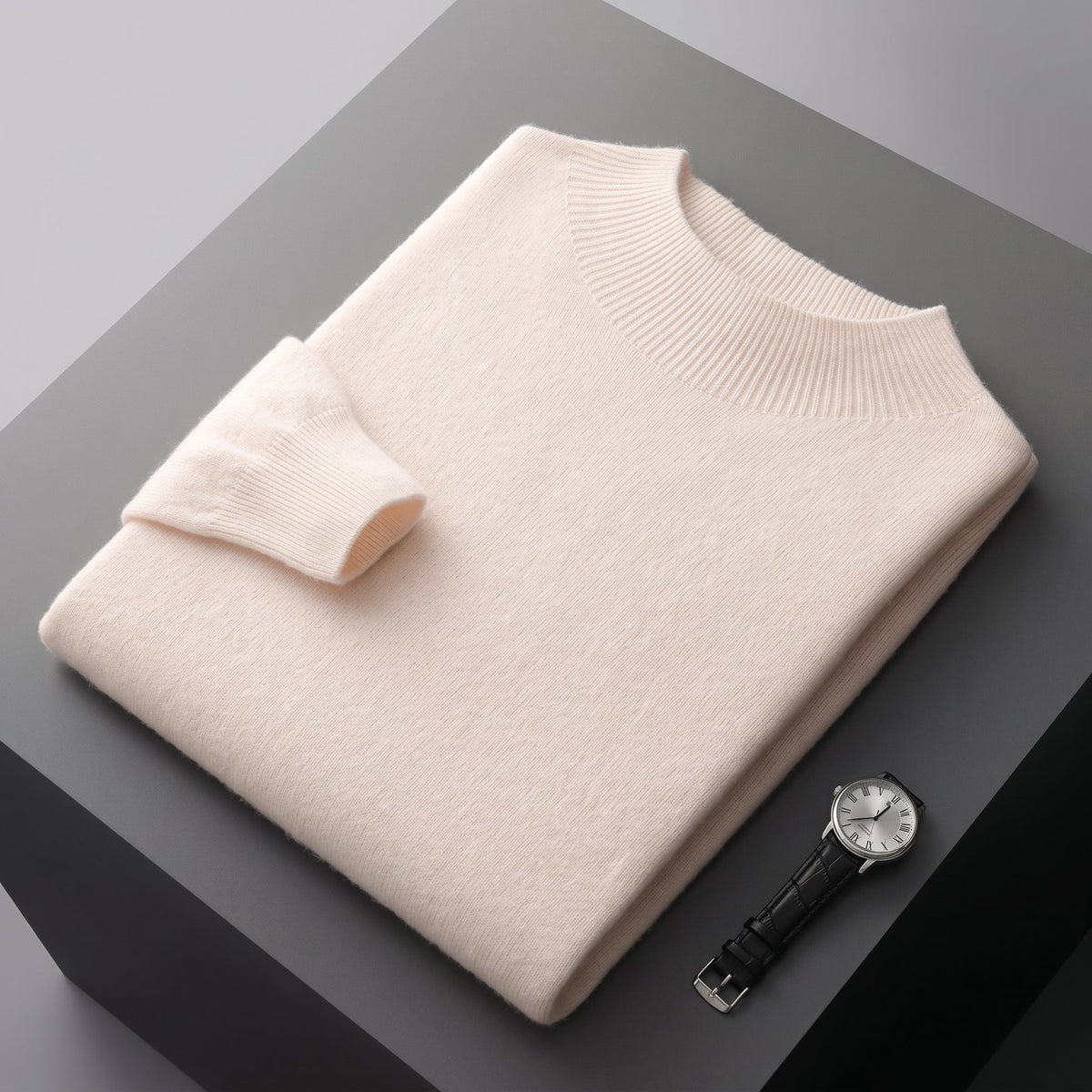 James - Men's Mock Neck Wool Jumper with Ribbed Cuffs - Sweaters - Beige - Davies & Cooper