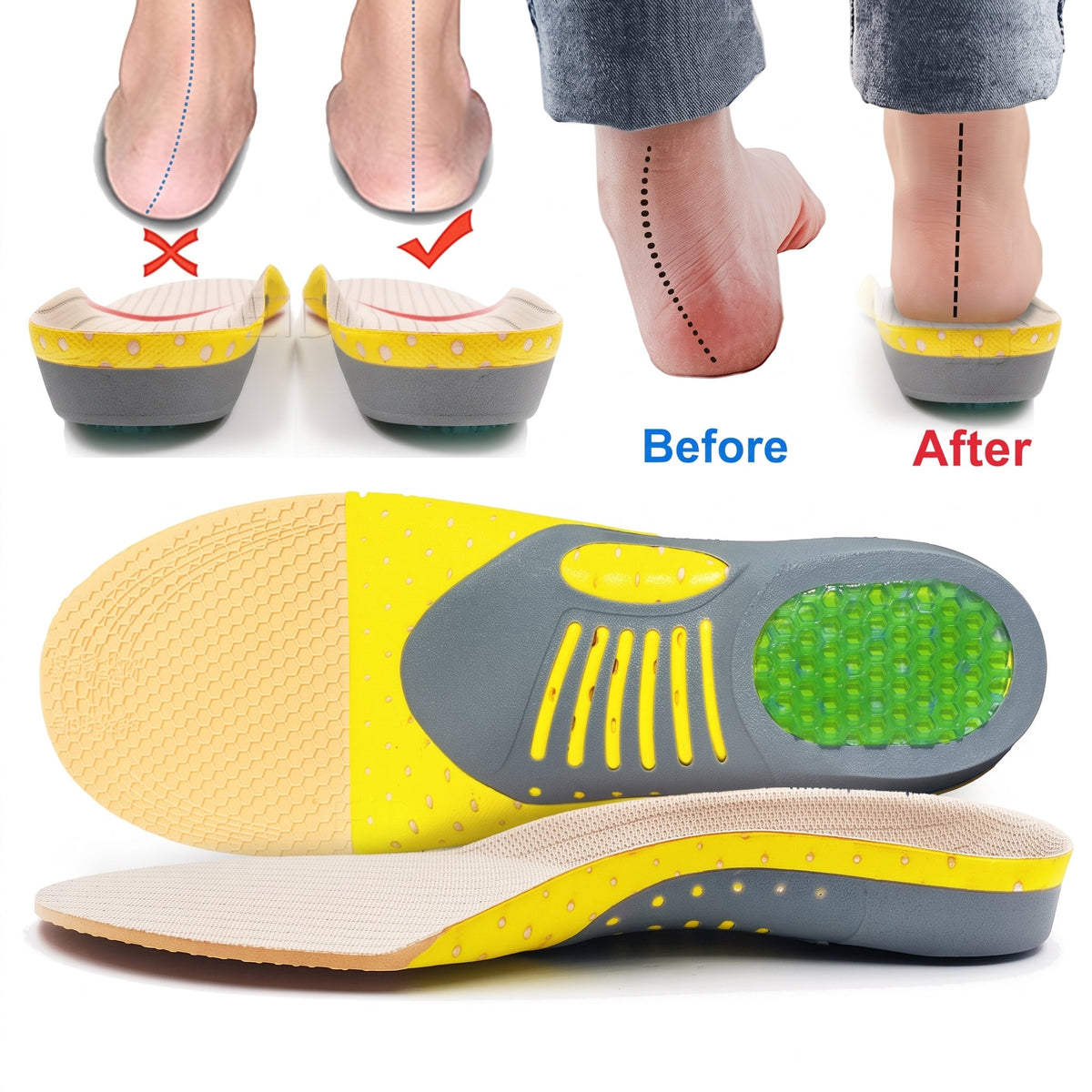 James - Men's Orthopaedic Arch Support Gel Insoles with Shock-Absorbing Heel Cup - Arch Support - Yellow - Davies & Cooper