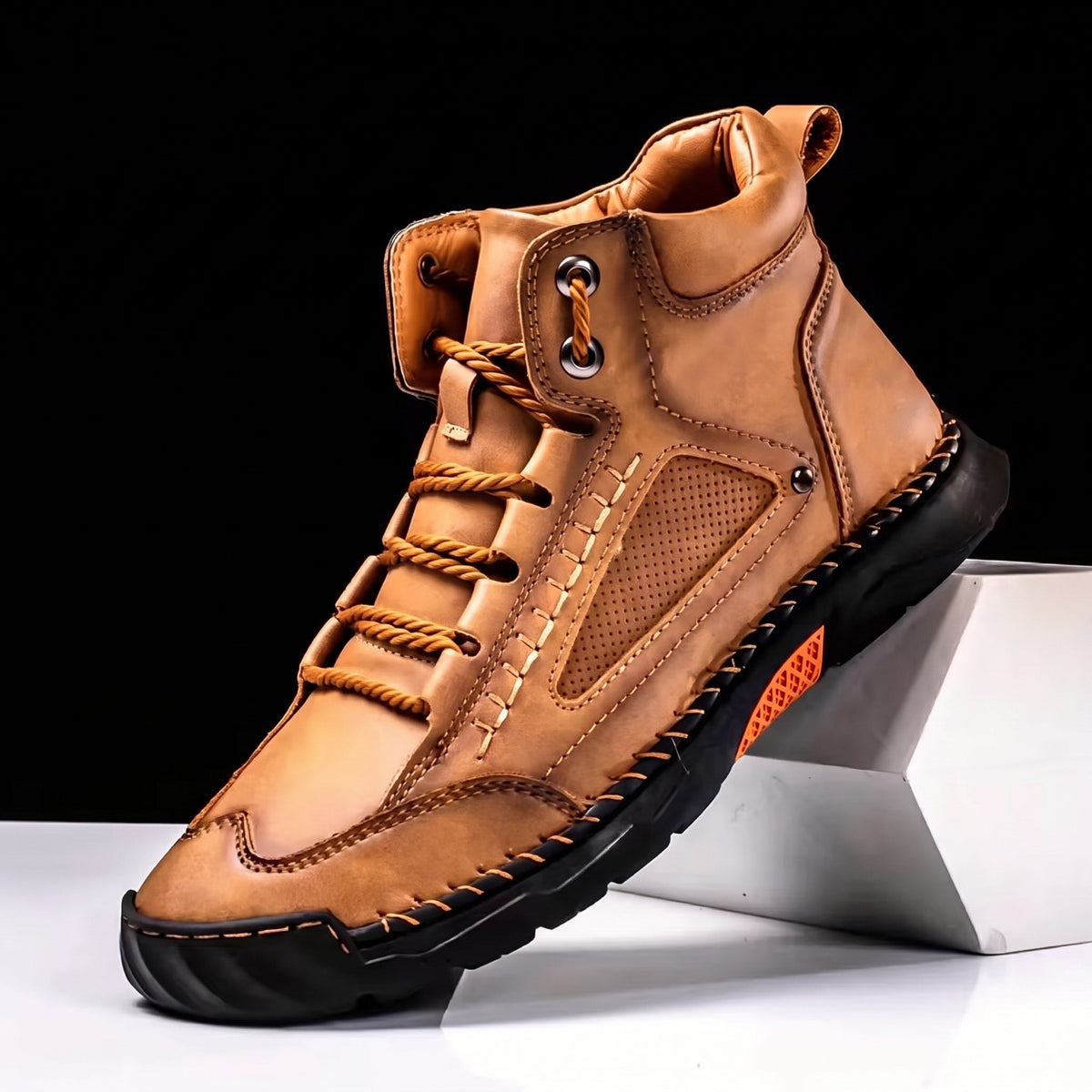 James - Men's Orthopaedic Lace-Up Ankle Boots with Contrast Rubber Sole - Camel - Davies & Cooper