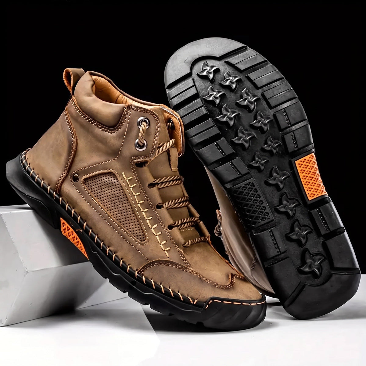 James - Men's Orthopaedic Lace-Up Ankle Boots with Contrast Rubber Sole - Brown - Davies & Cooper