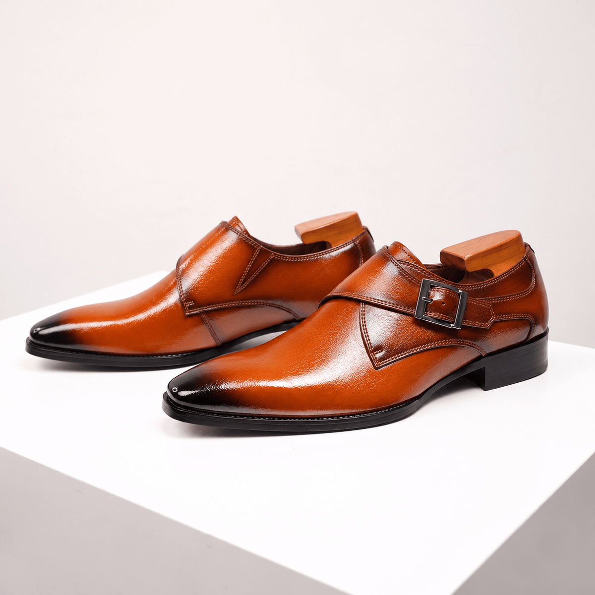 James - Men's Pointed Toe Monk Strap Dress Shoes with Buckle Strap - Shoes - Brown - Davies & Cooper