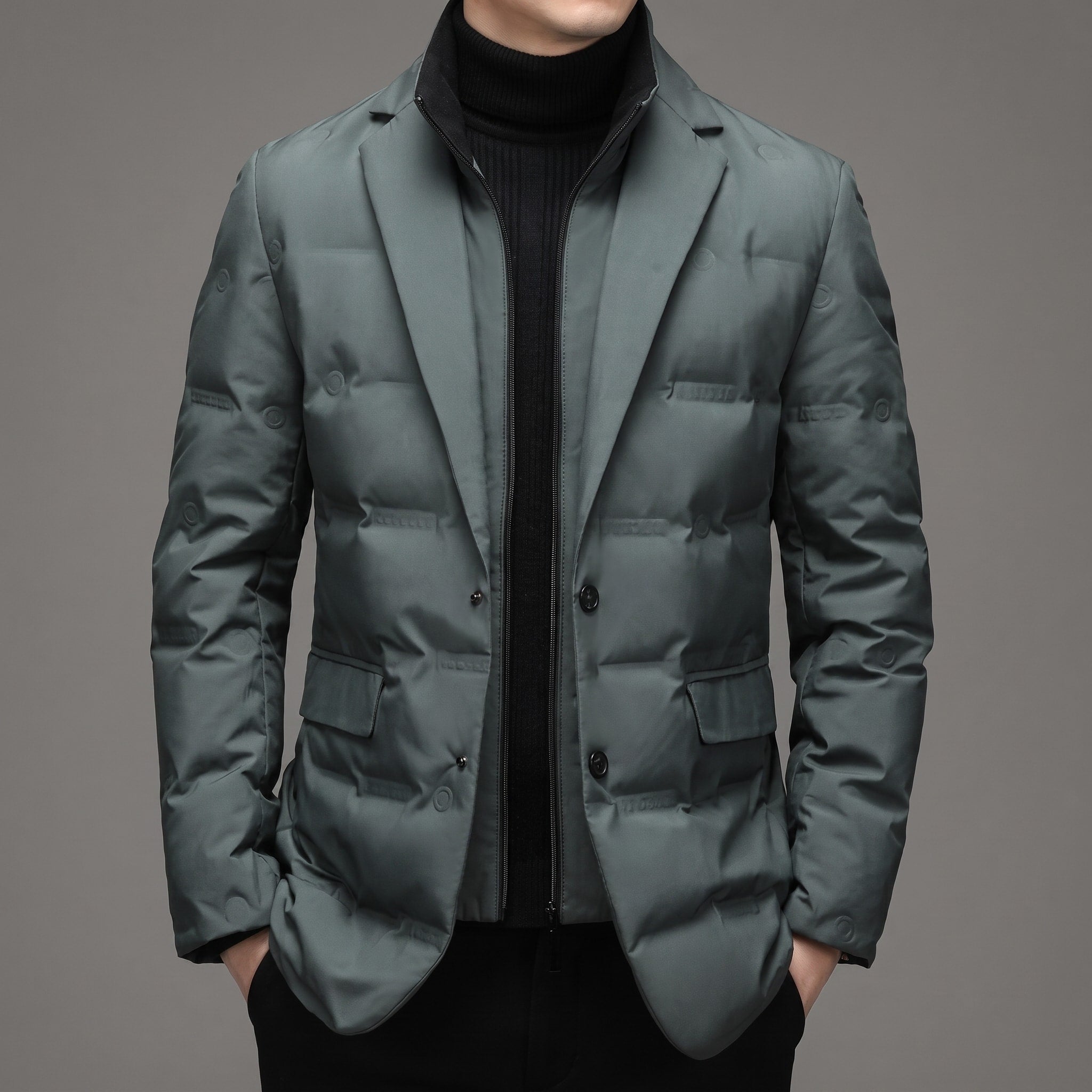 James - Men's Quilted Puffer Jacket with Notch Lapel - Puffer Jackets - Green - Davies & Cooper