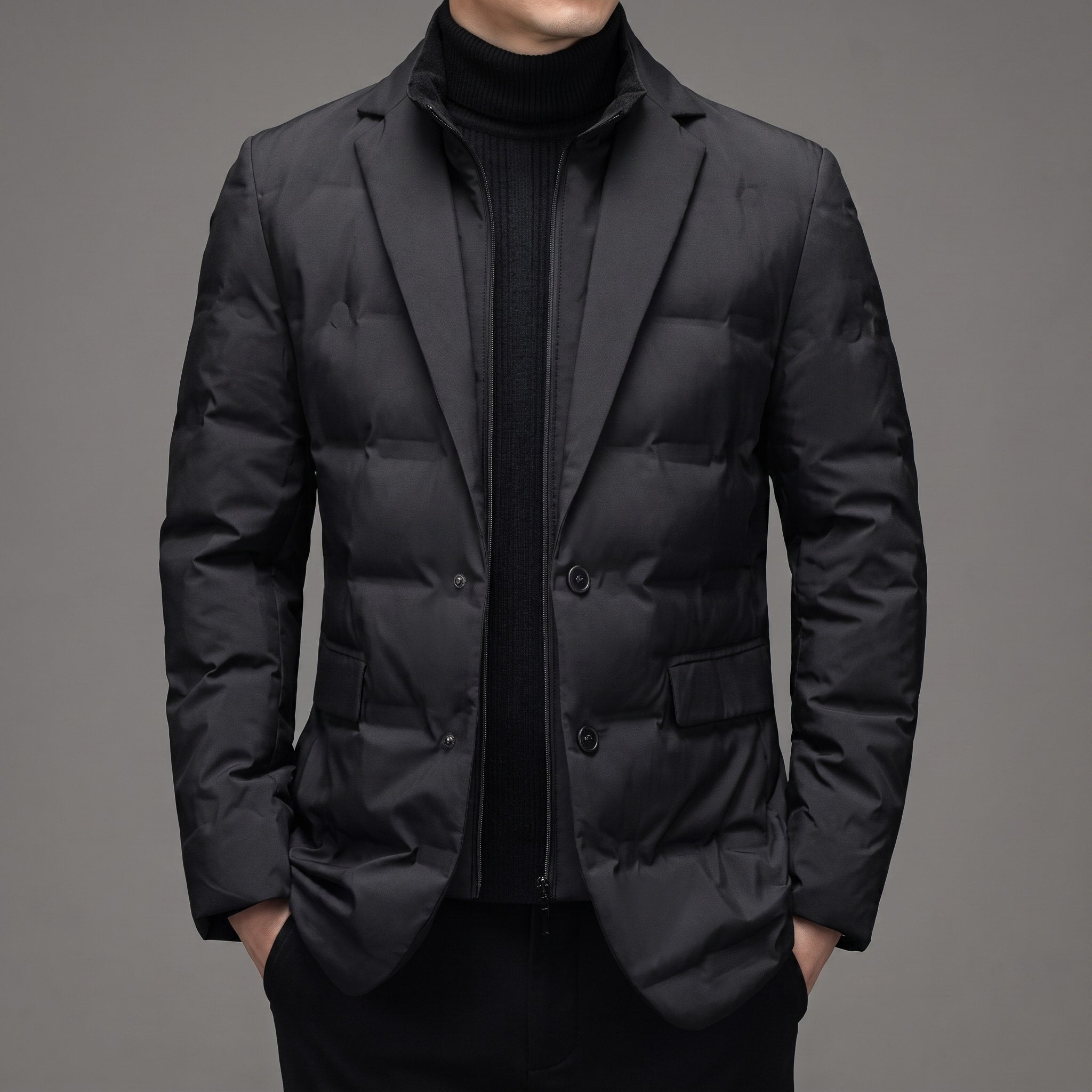 James - Men's Quilted Puffer Jacket with Notch Lapel - Puffer Jackets - Black - Davies & Cooper