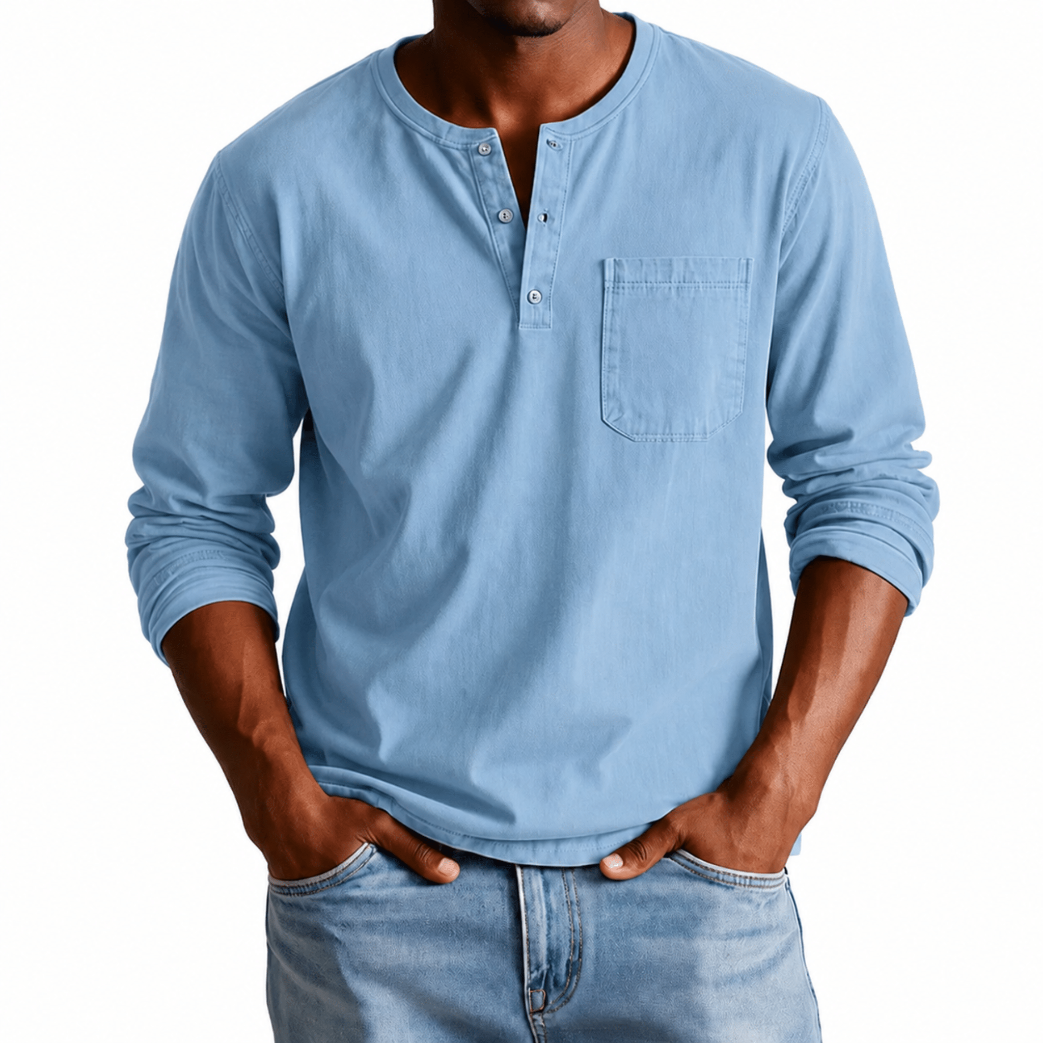 James - Men's Relaxed Fit Henley T-Shirt with Chest Pocket - Henley Shirts - Blue - Davies & Cooper