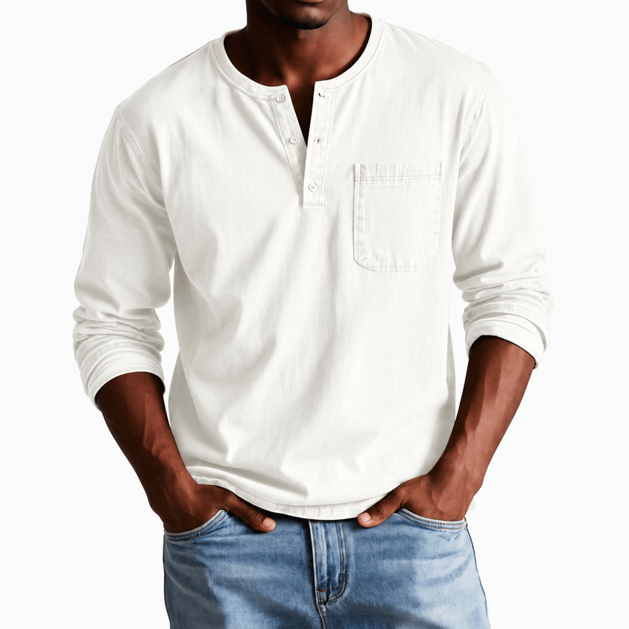 James - Men's Relaxed Fit Henley T-Shirt with Chest Pocket - Henley Shirts - White - Davies & Cooper