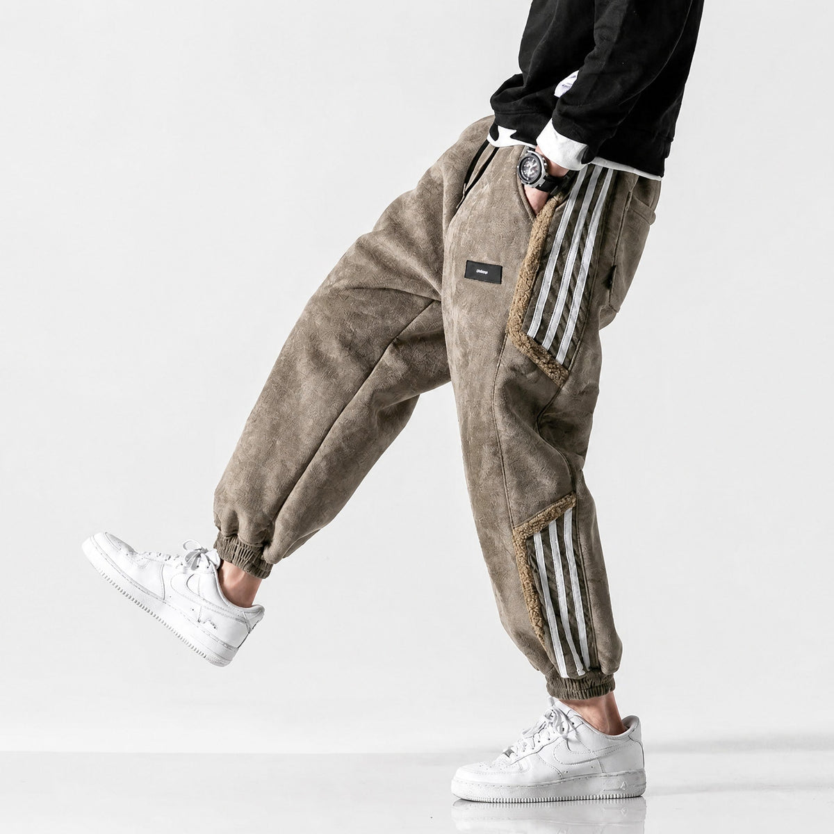 James - Men's Relaxed Fit Joggers with Contrast Side Stripe - Joggers - Khaki - Davies & Cooper