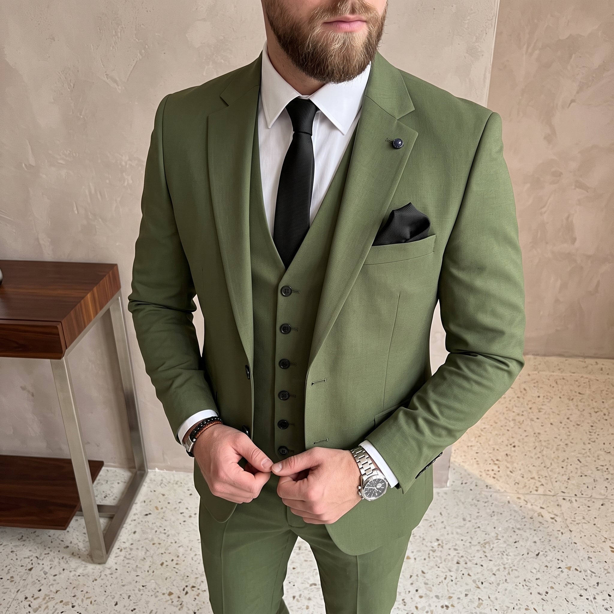 James – Men's Single-Breasted V-Neck Vest Three-Piece Wedding Guest Suit - Suits - Green - Davies & Cooper