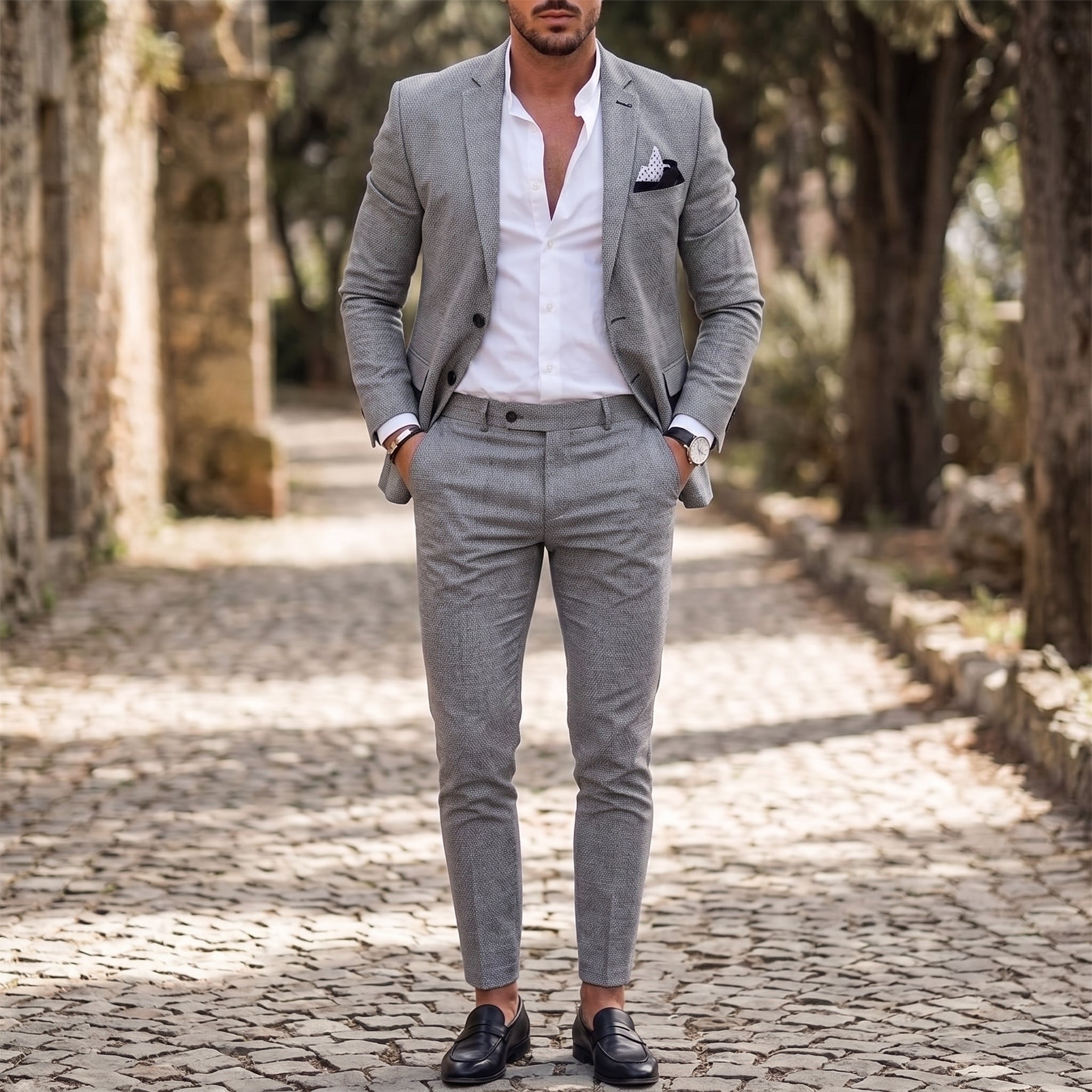 James – Men's Single-Button Notch Lapel Wedding Guest Suit - Suits - Grey - Davies & Cooper