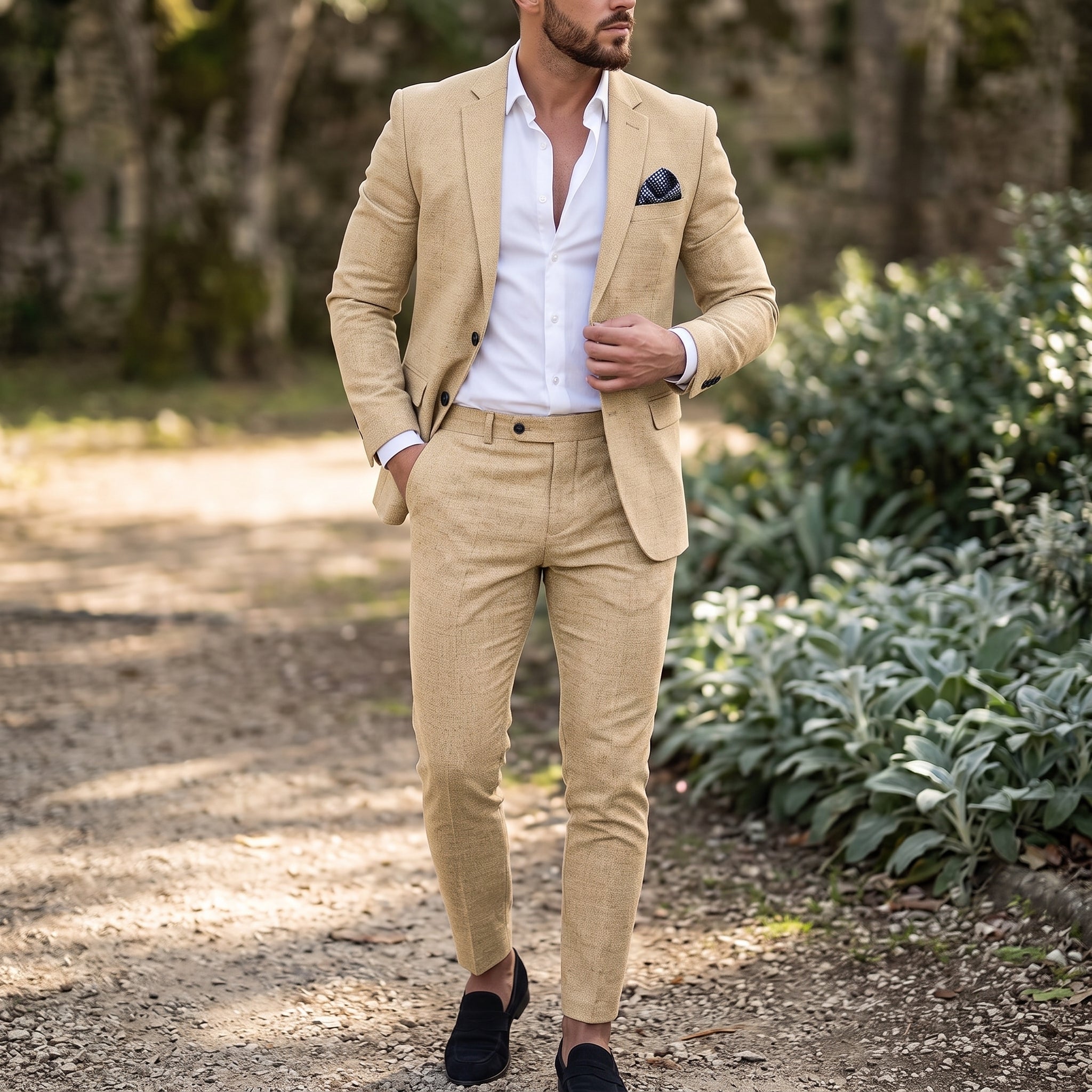 James – Men's Single-Button Notch Lapel Wedding Guest Suit - Suits - Beige - Davies & Cooper