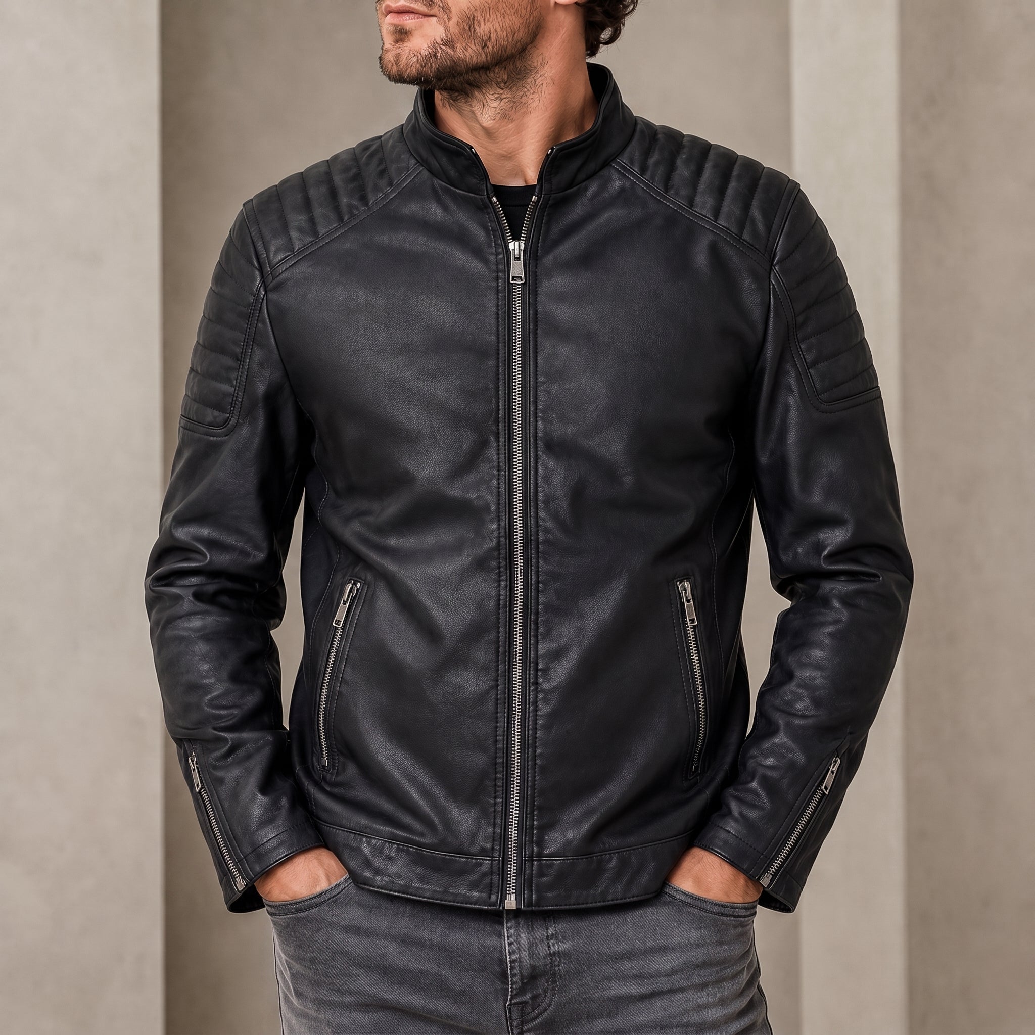 James - Men's Slim Fit Transitional Jacket with Quilted Shoulders - Coats & Jackets - Black - Davies & Cooper