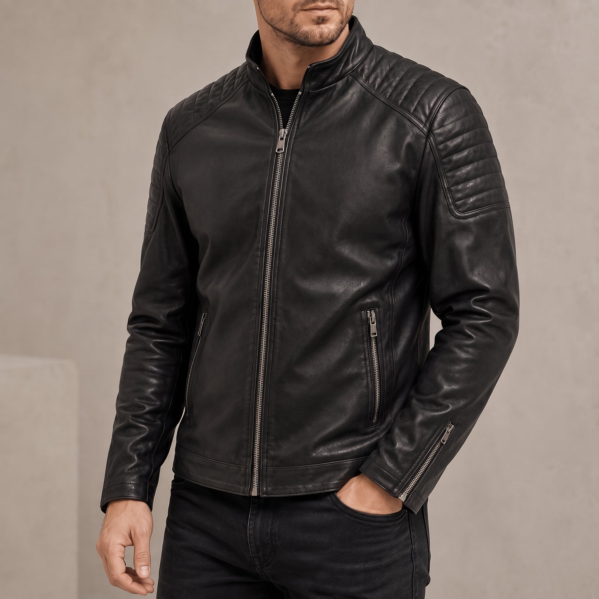 James - Men's Slim Fit Transitional Jacket with Quilted Shoulders - Coats & Jackets - Black - Davies & Cooper