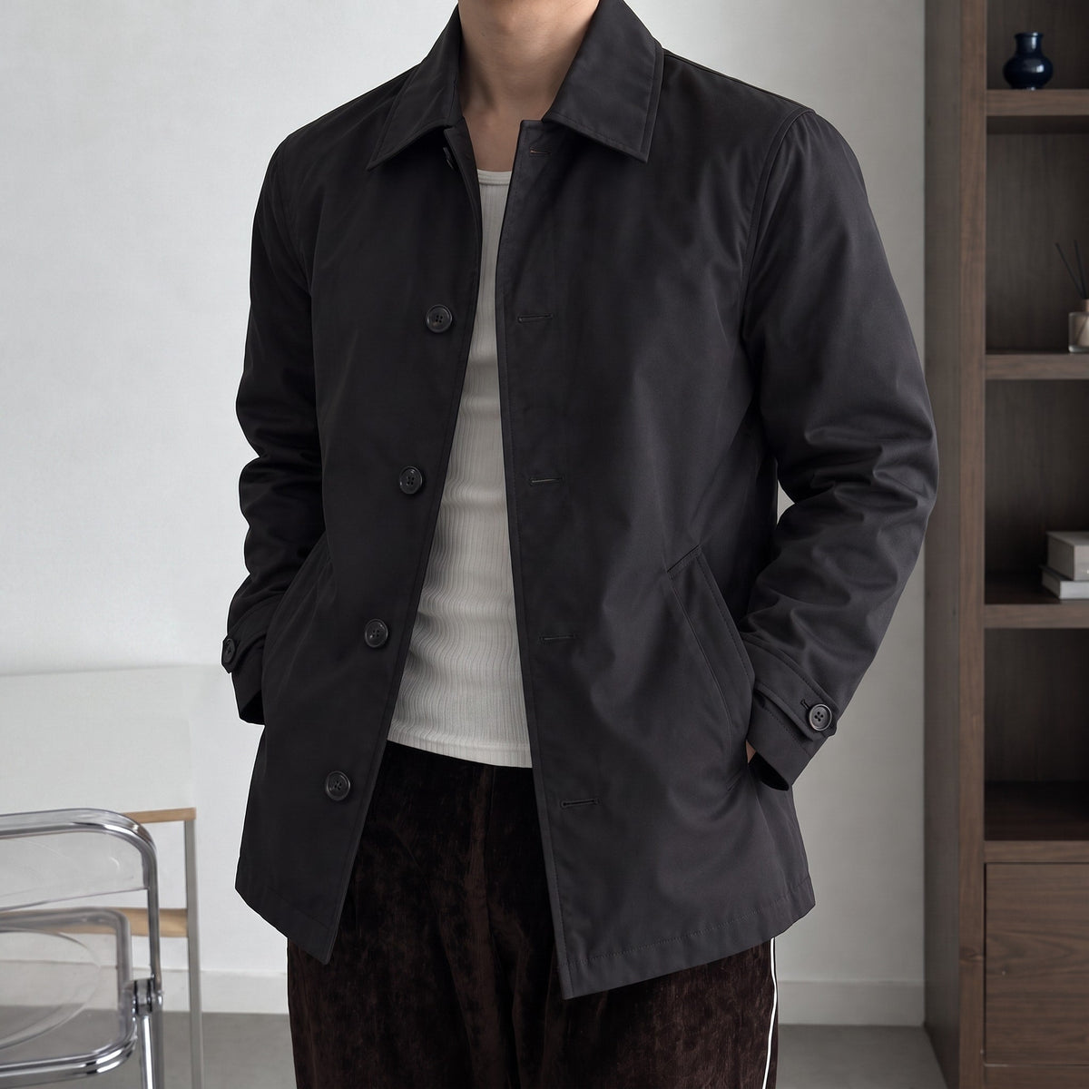 James - Men's Smart Casual Mac Coat with Button Front - Coats & Jackets - Black - Davies & Cooper