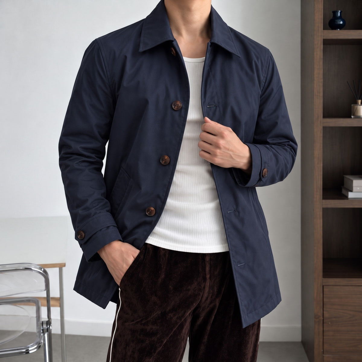 James - Men's Smart Casual Mac Coat with Button Front - Coats & Jackets - Navy Blue - Davies & Cooper