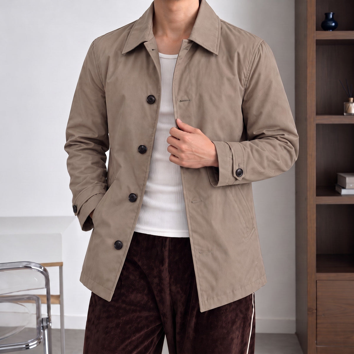 James - Men's Smart Casual Mac Coat with Button Front - Coats & Jackets - Beige - Davies & Cooper
