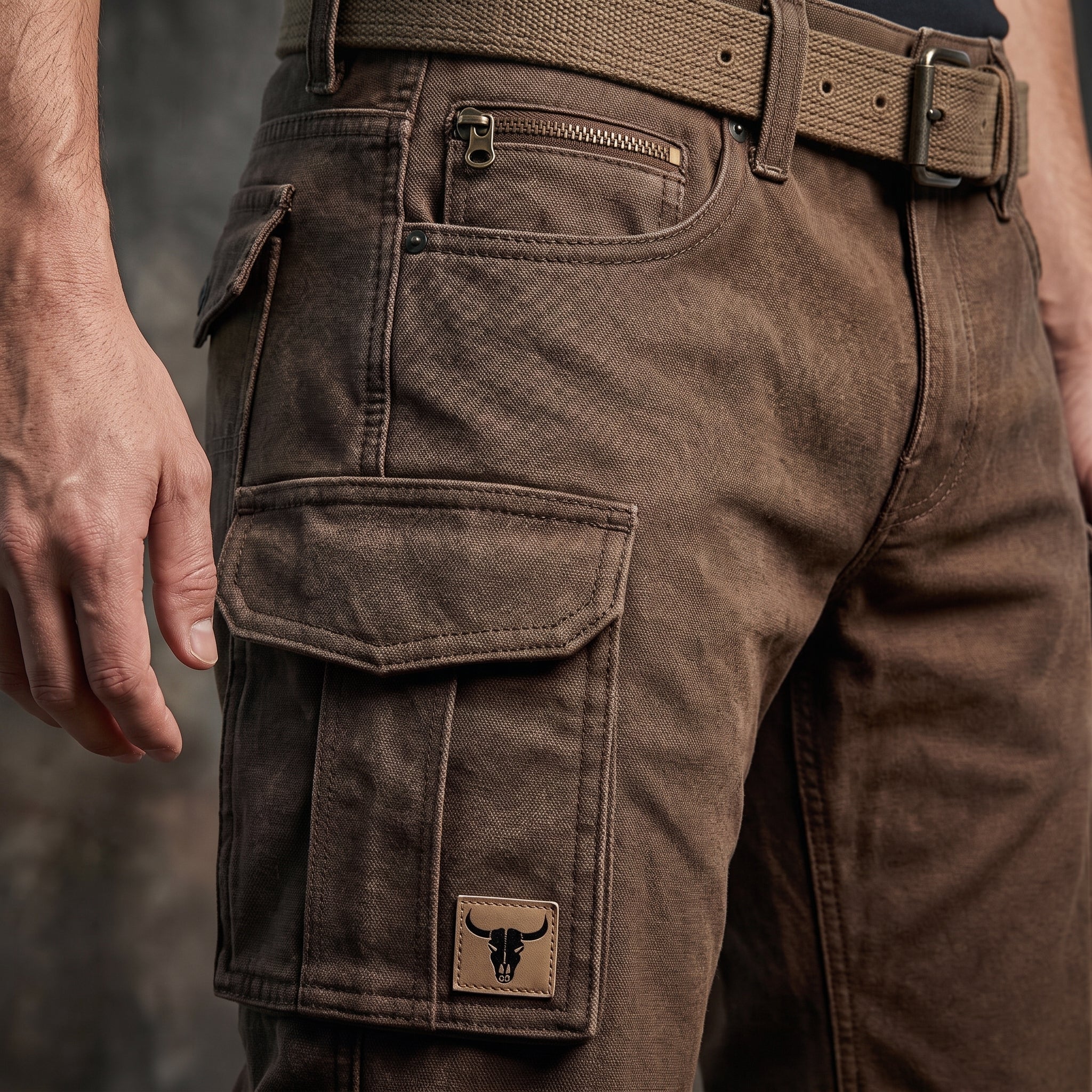 James - Men's Straight Leg Cargo Pants with Buckle Strap Belt - Cargo Pants - Brown - Davies & Cooper