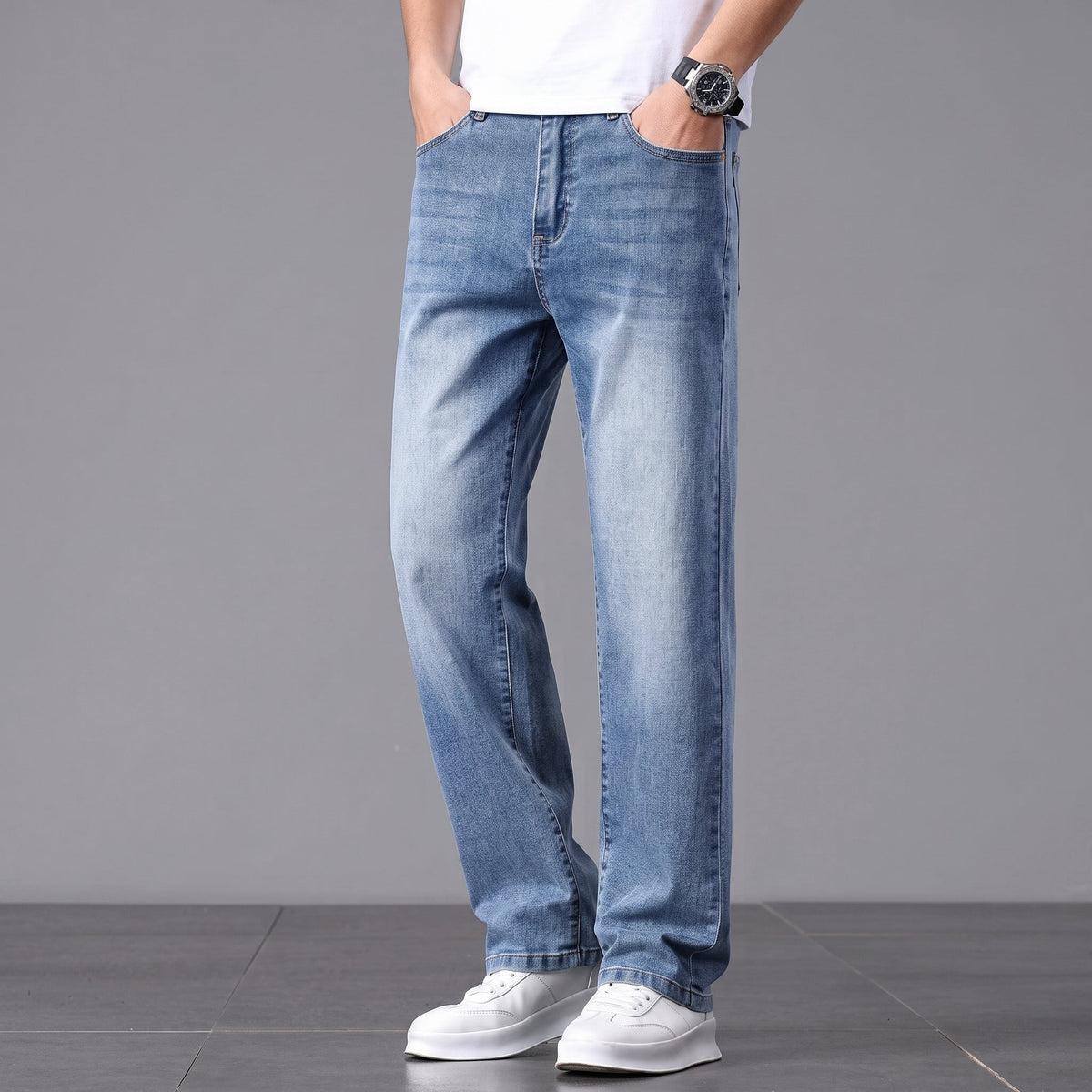 James - Men's Straight Leg Relaxed Fit Jeans with Washed Finish - Jeans - Blue - Davies & Cooper