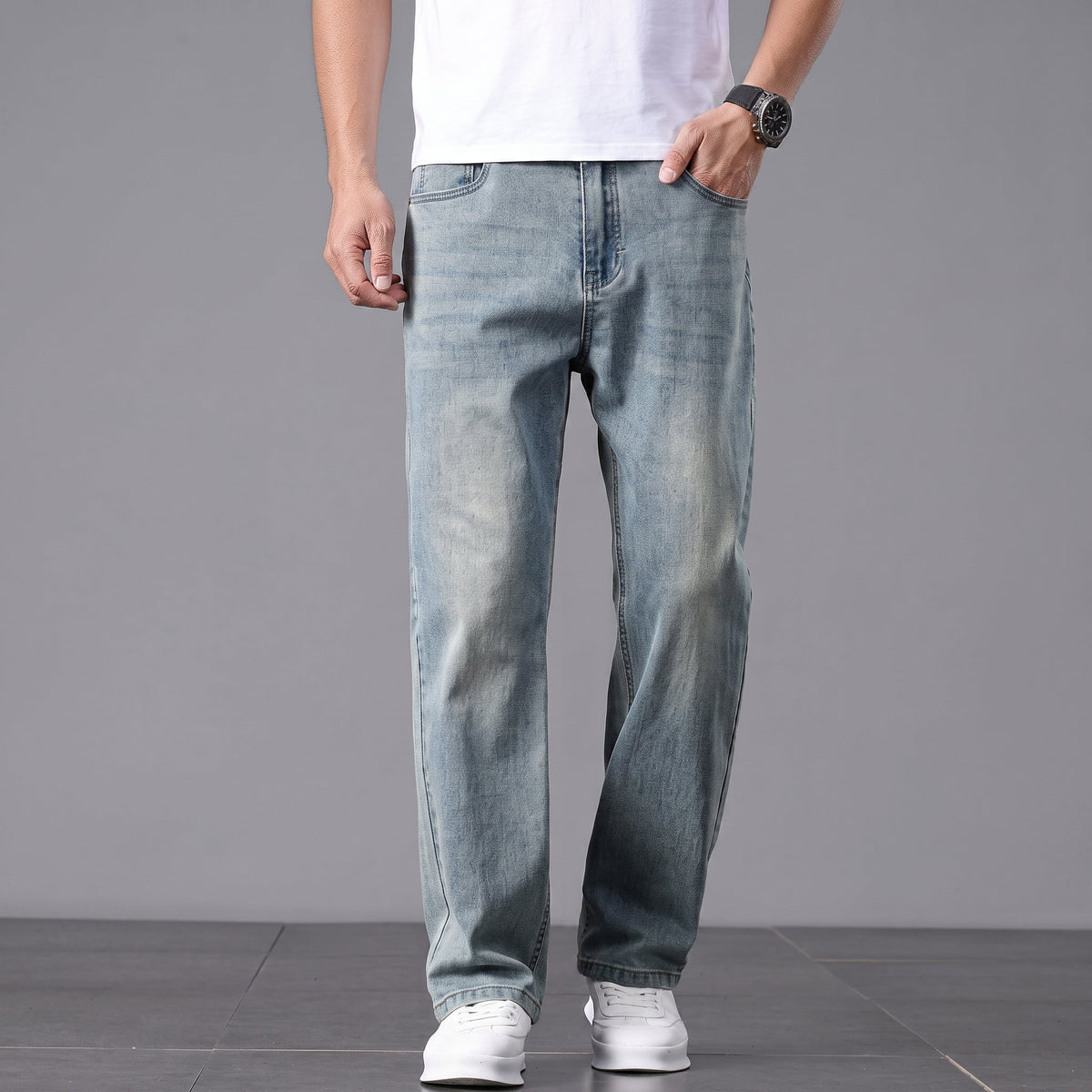 James - Men's Straight Leg Relaxed Fit Jeans with Washed Finish - Jeans - Light Blue - Davies & Cooper