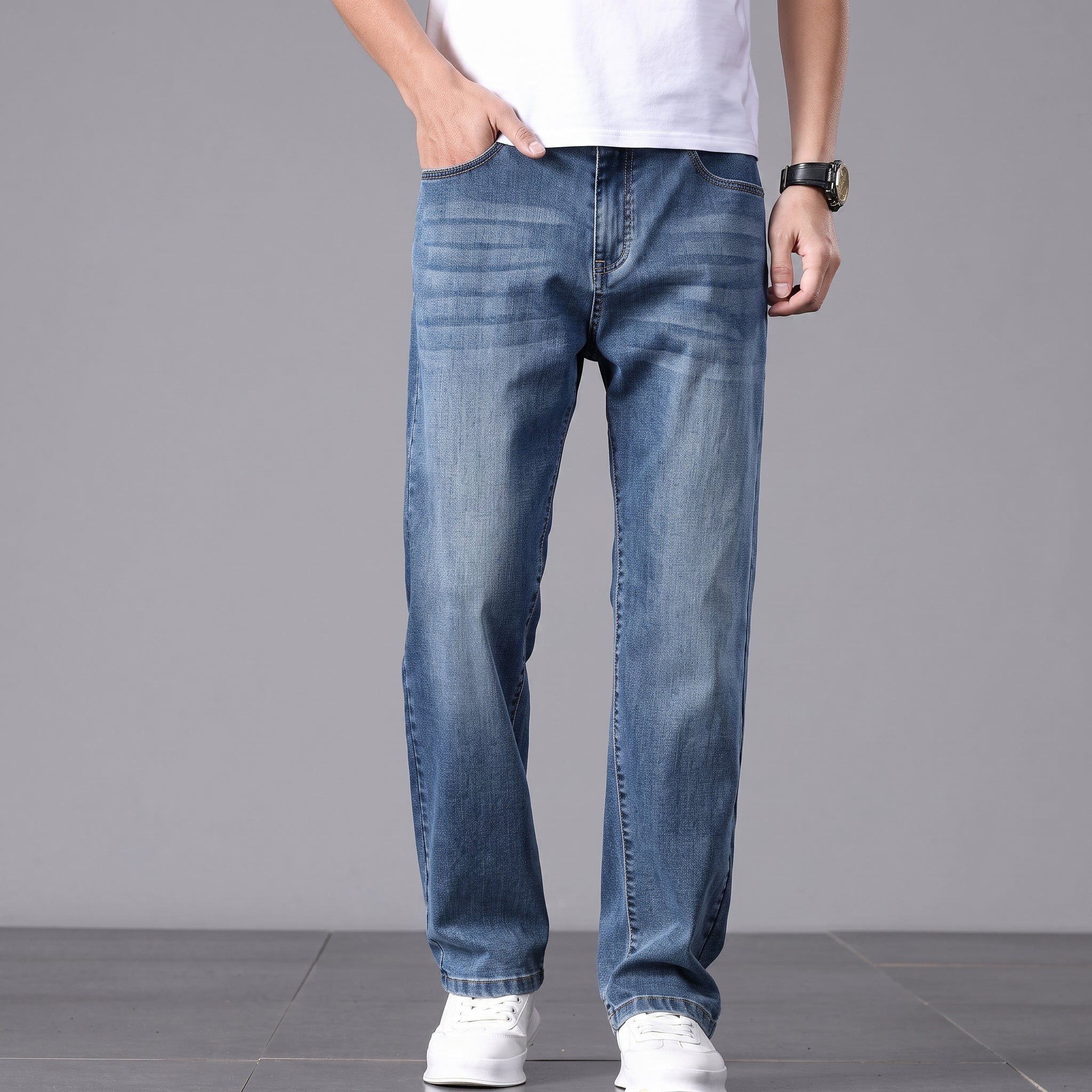 James - Men's Straight Leg Relaxed Fit Jeans with Washed Finish - Jeans - Navy - Davies & Cooper