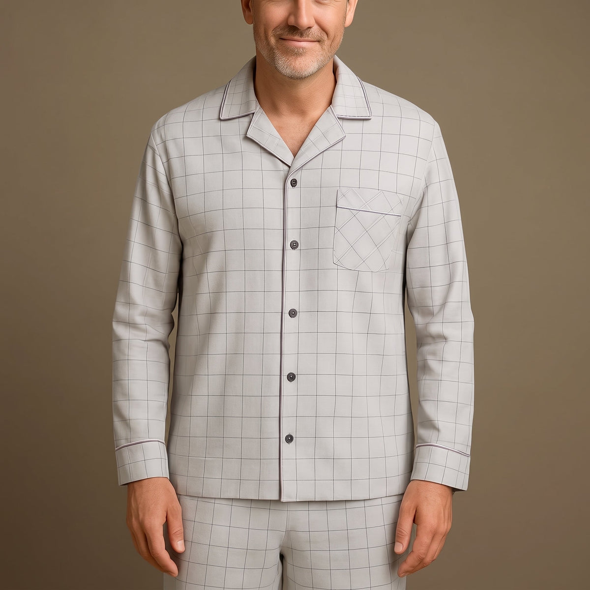 James - Men's Striped Notch Collar Pyjama Set with Chest Pocket - Pajamas - Light Grey - Davies & Cooper