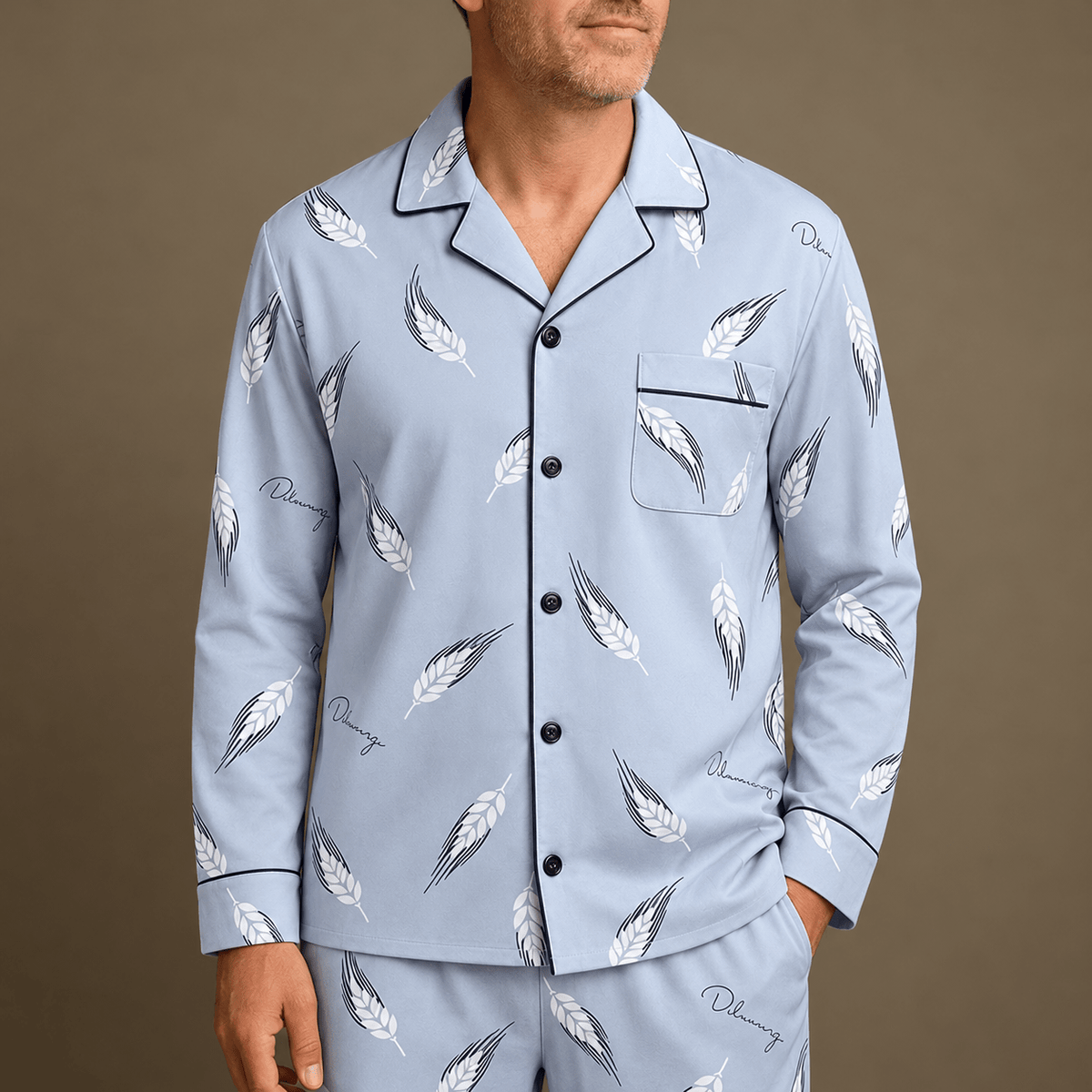 James - Men's Striped Notch Collar Pyjama Set with Chest Pocket - Pajamas - Light Blue - Davies & Cooper