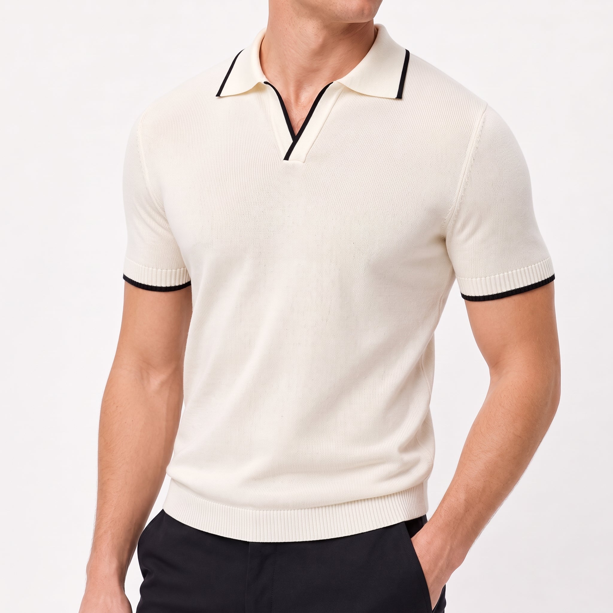 James - Men's Summer Contrast Open Collar Polo Shirt - Polos - Beige - Davies & Cooper