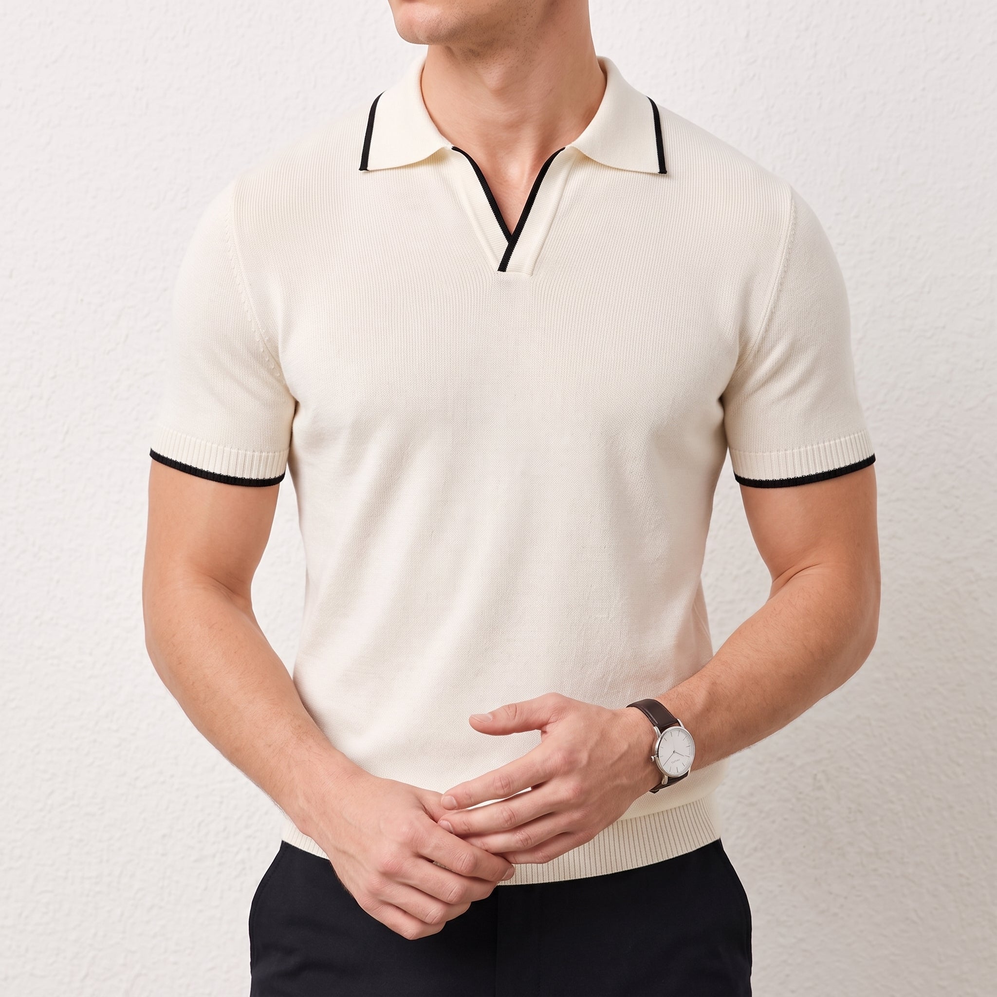 James - Men's Summer Contrast Open Collar Polo Shirt - Polos - Beige - Davies & Cooper