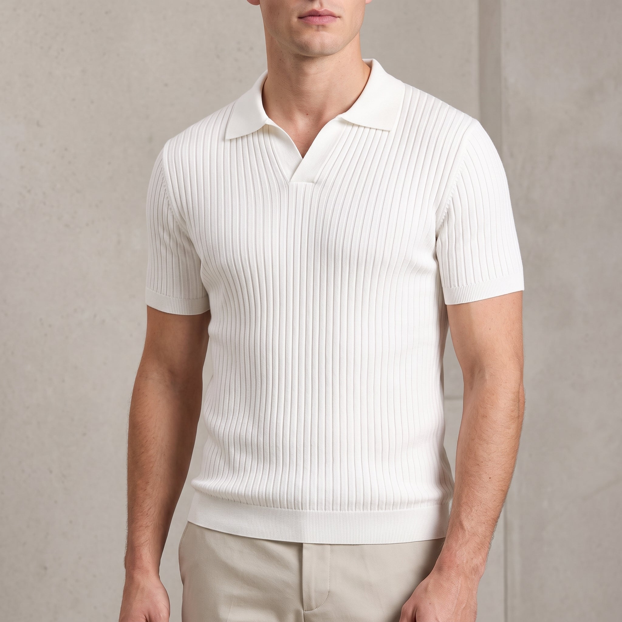 James - Men's Summer Open Collar Ribbed Polo Shirt - Polos - White - Davies & Cooper