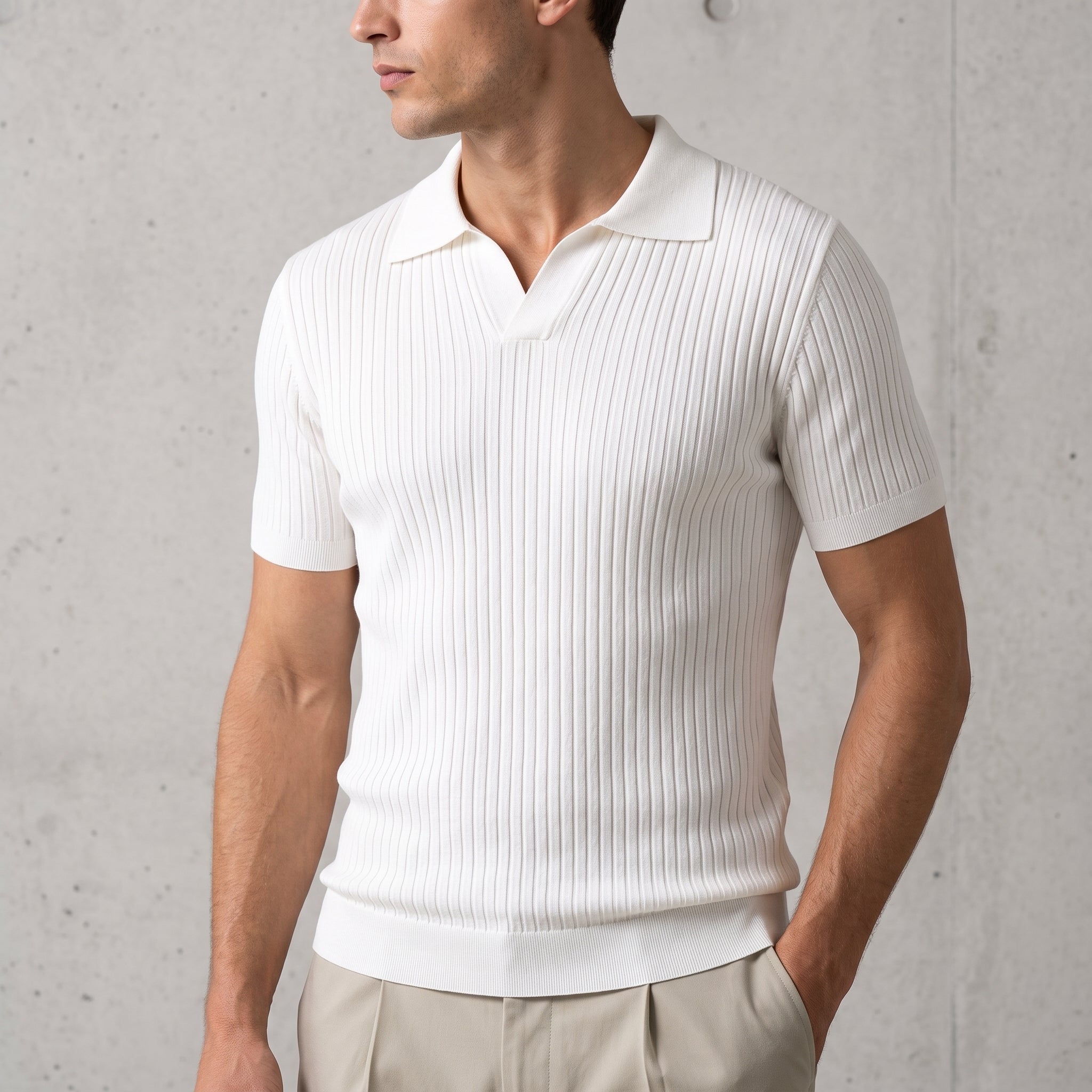 James - Men's Summer Open Collar Ribbed Polo Shirt - Polos - White - Davies & Cooper