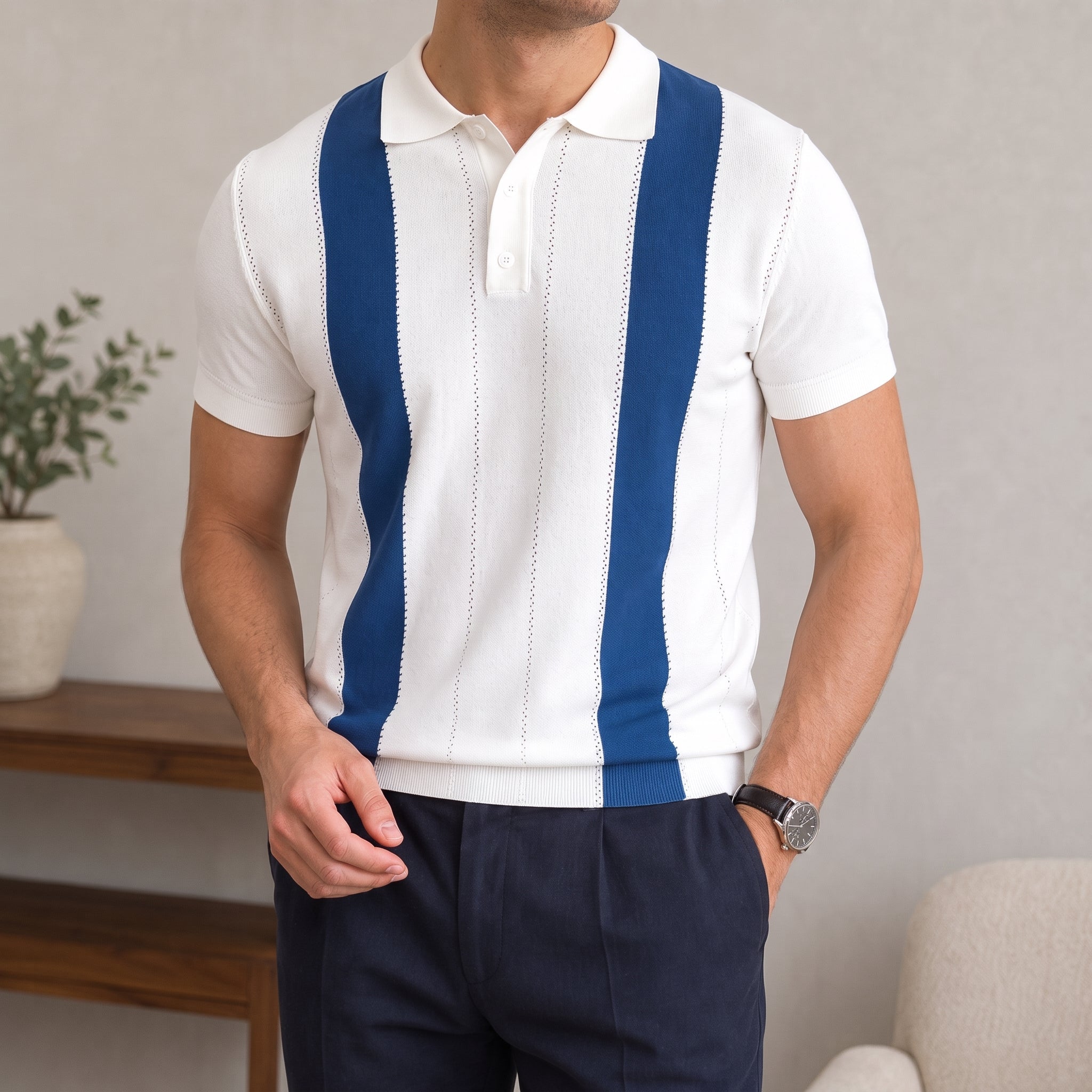 James - Men's Summer Slim Fit Vertical Stripe Polo Shirt - Polos - White - Davies & Cooper
