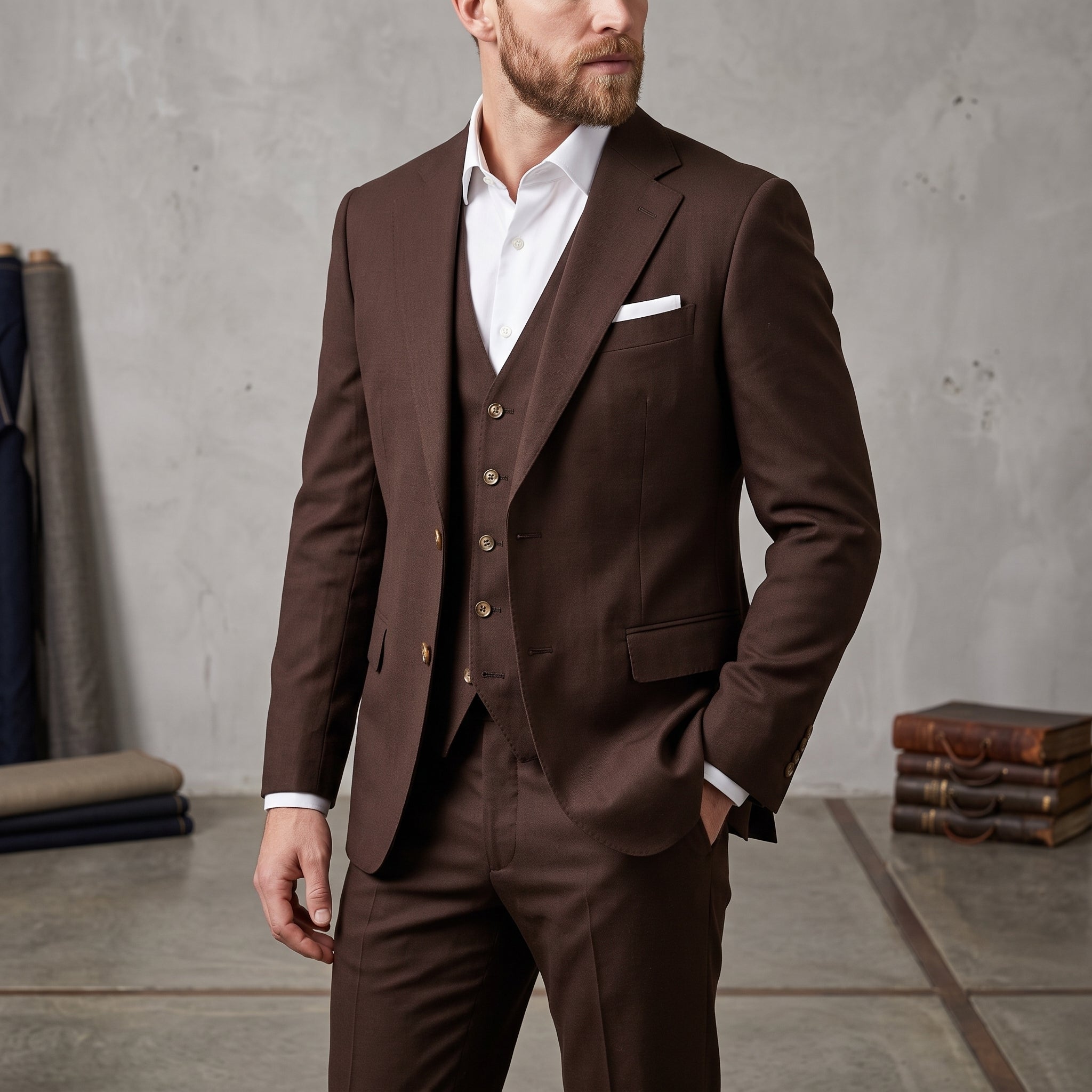 James – Men's Three-Piece Wedding Guest Suit with Gold Buttons - Suits - Brown - Davies & Cooper